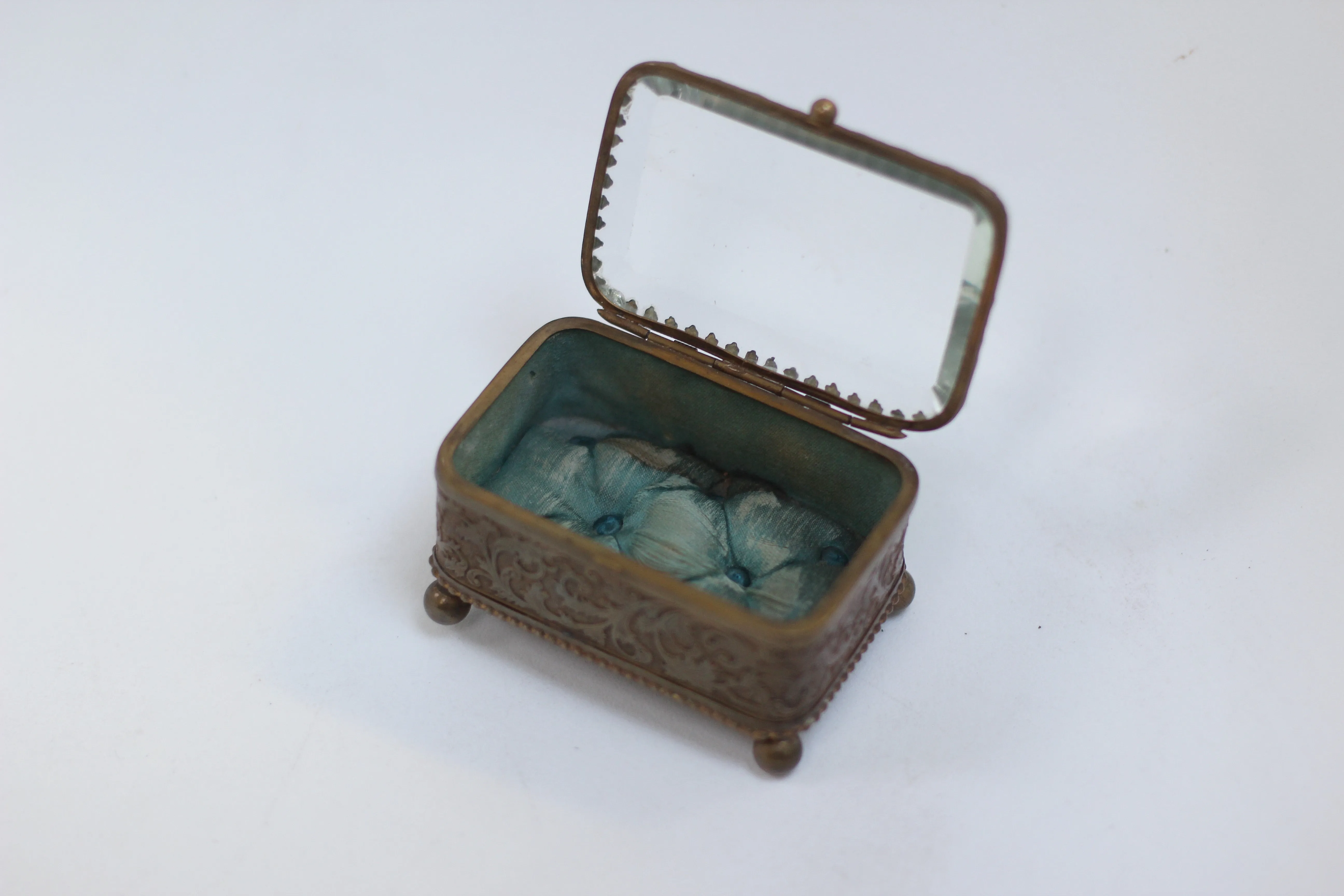 Antique Small blue tuft Jewelry Box