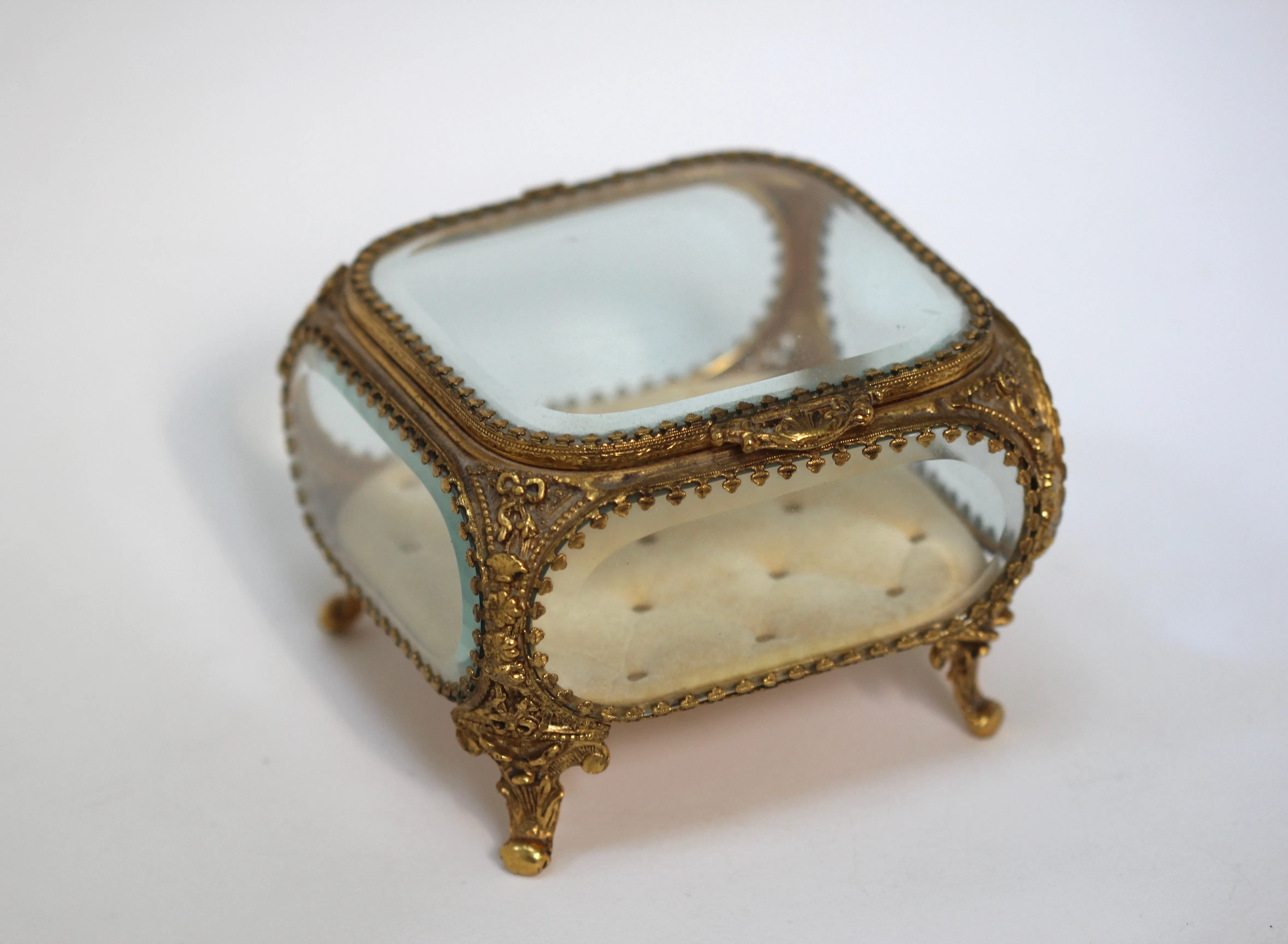 Antique Square Glass Filigree Jewelry Box