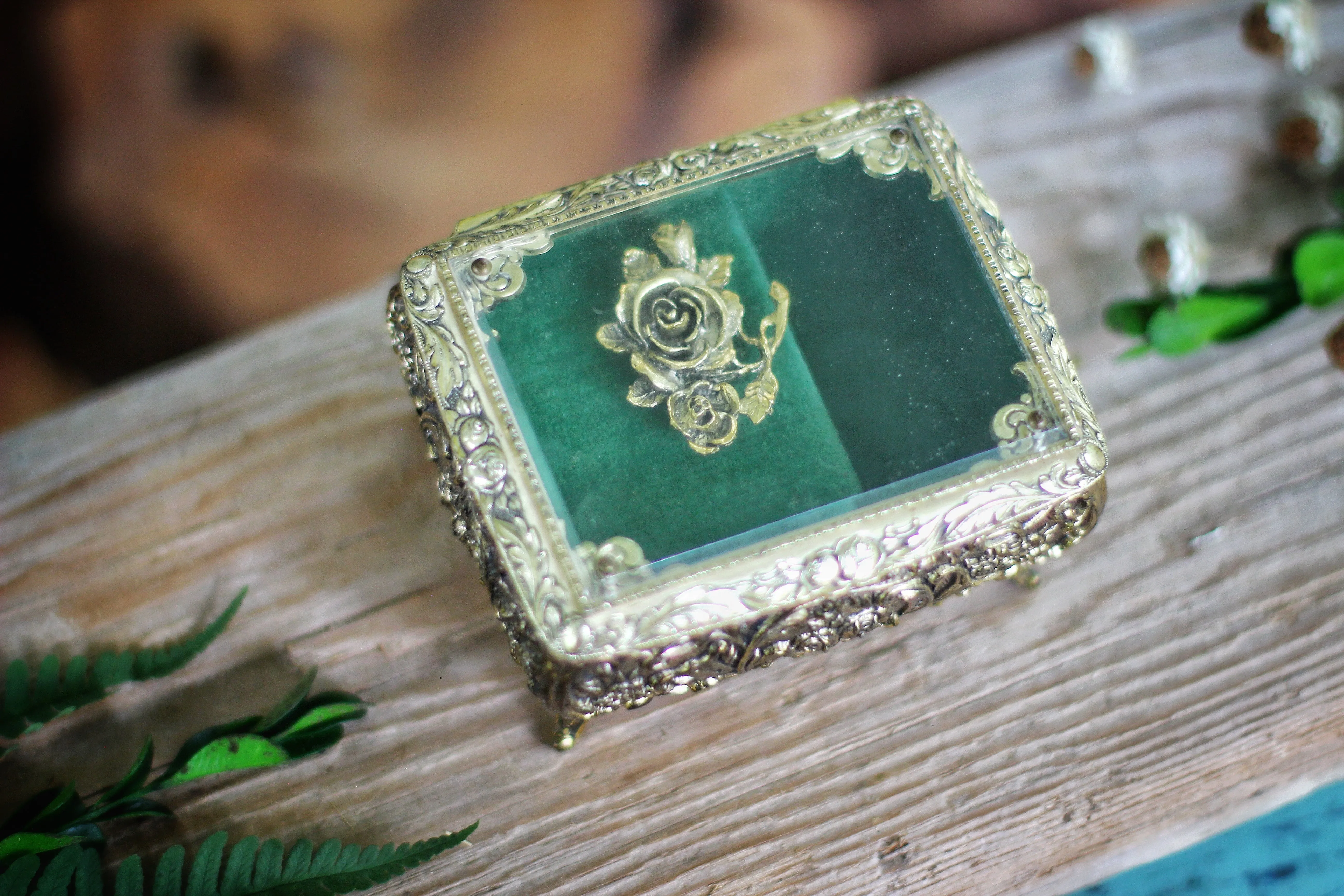 Antique Turquoise Floral Jewelry Music Box