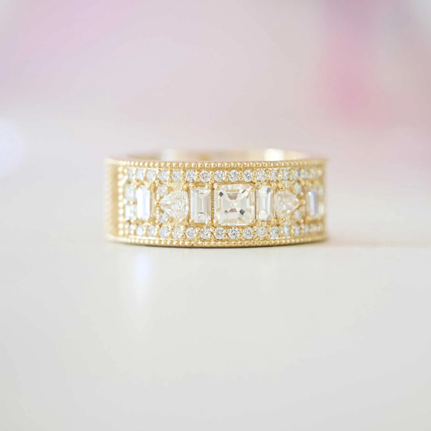 Asscher Cut Wide Diamond Mosaic Ring