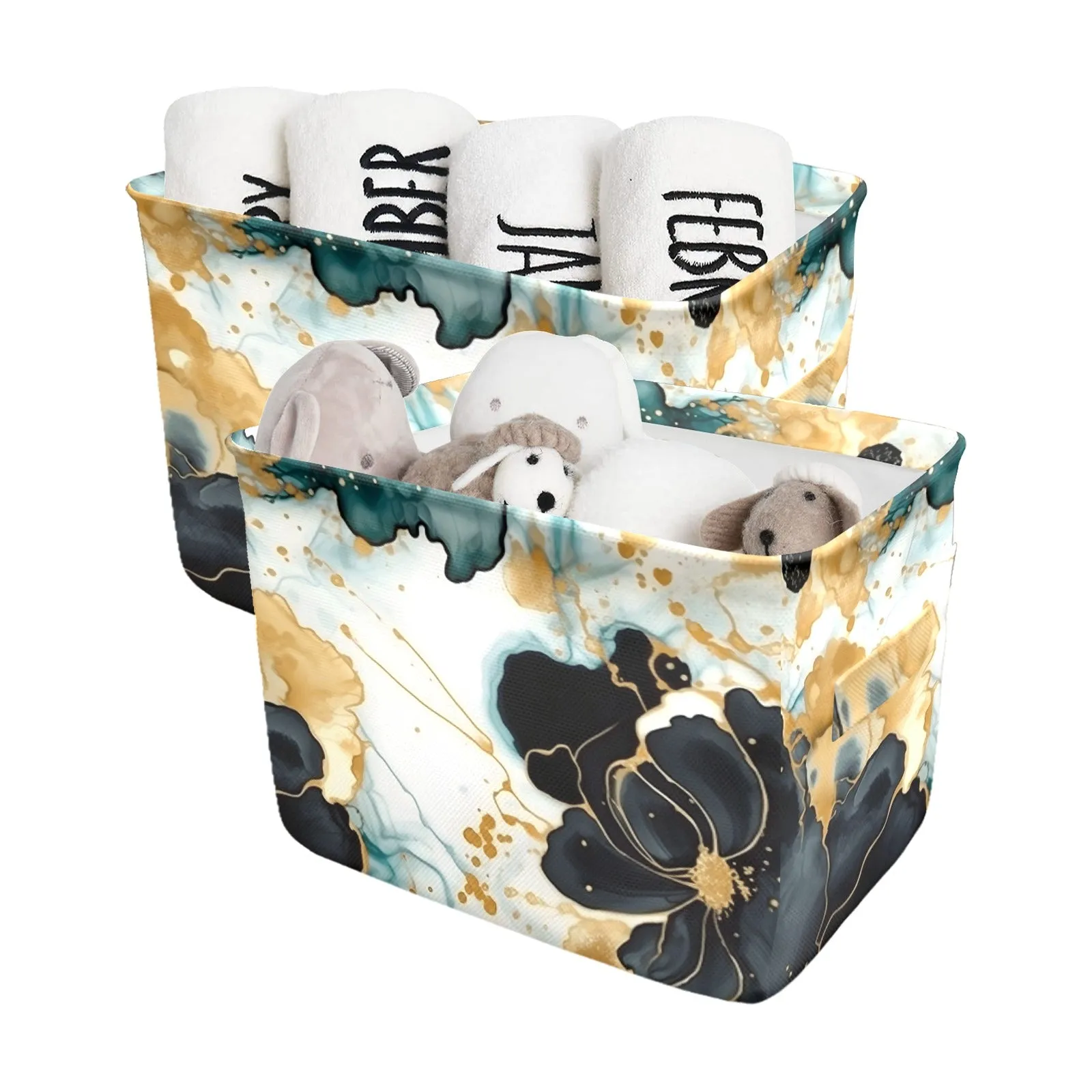 Black Gold & Green Ink Floral Fabric Storage Basket