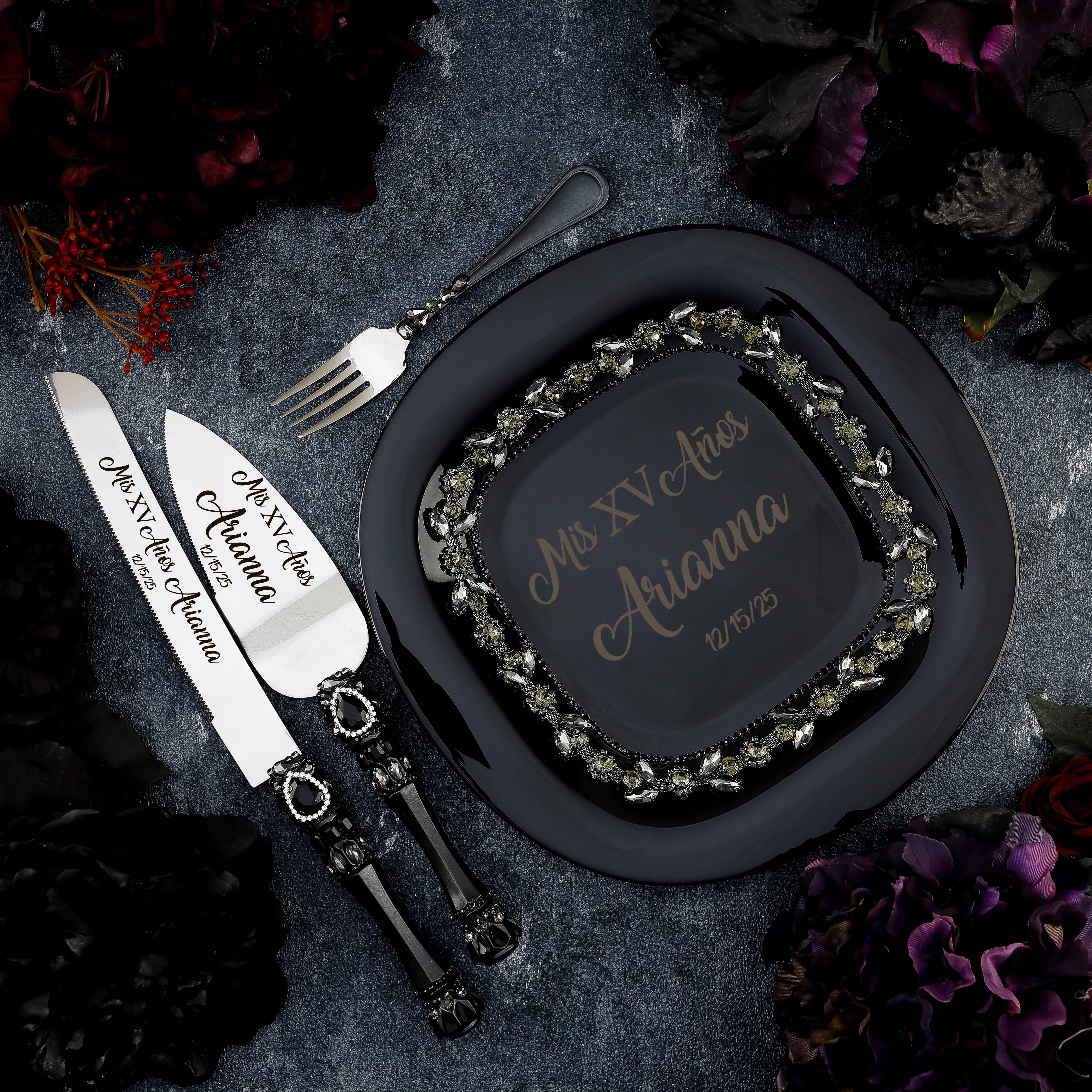 Black Gothic Quinceanera cake knife and server