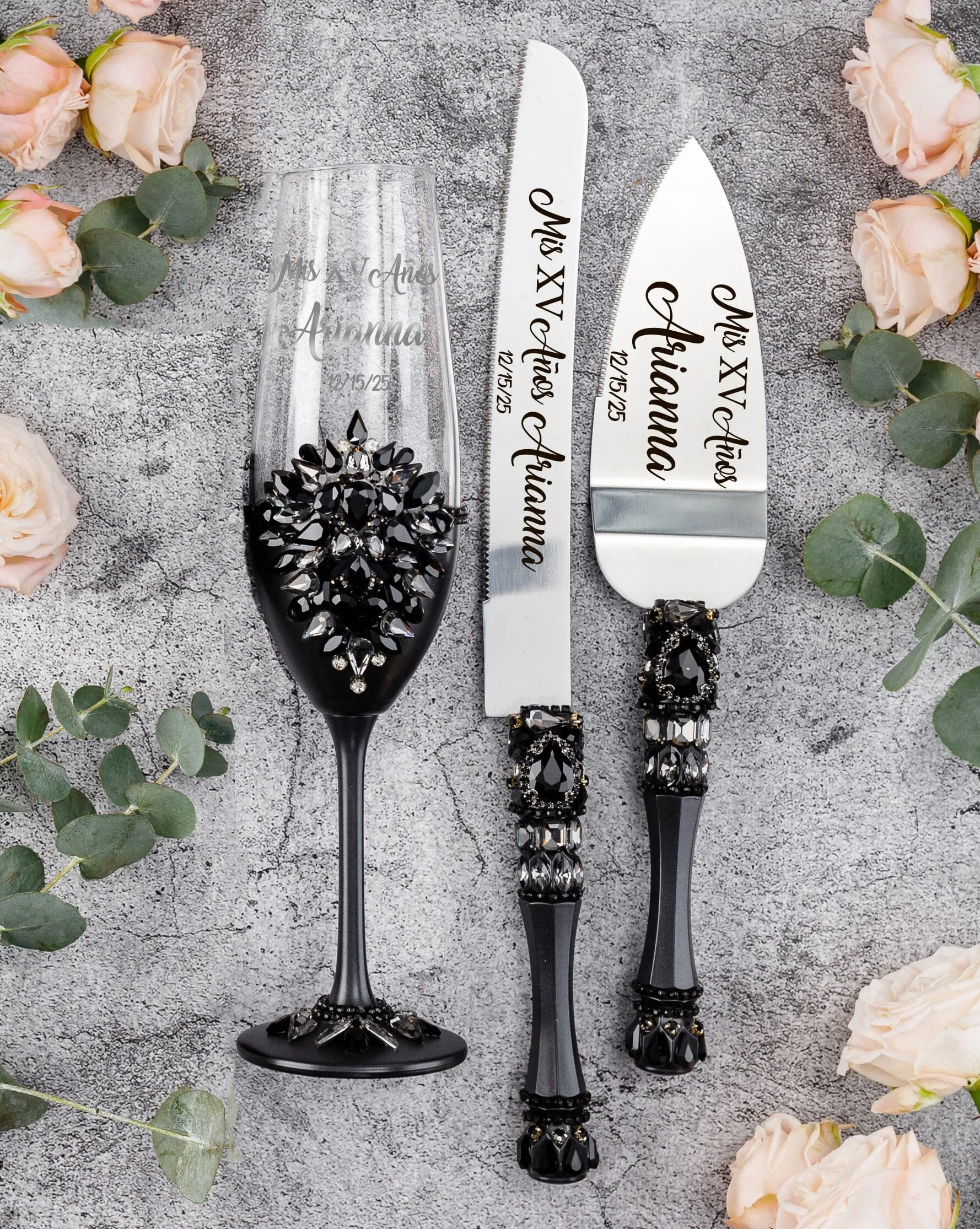 Black Gothic Quinceanera cake knife set with 1 glass