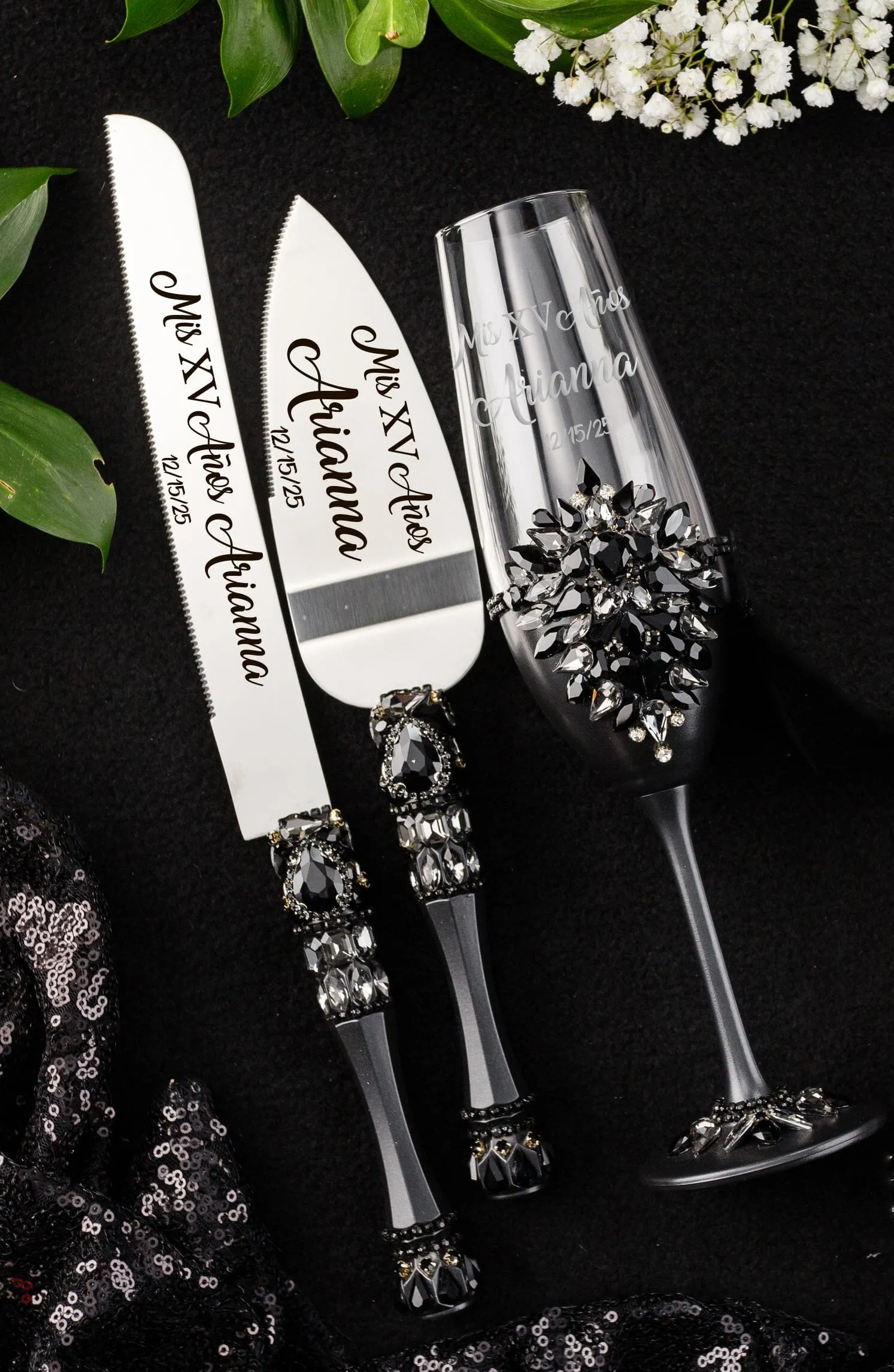 Black Gothic Quinceanera cake knife set with 1 glass