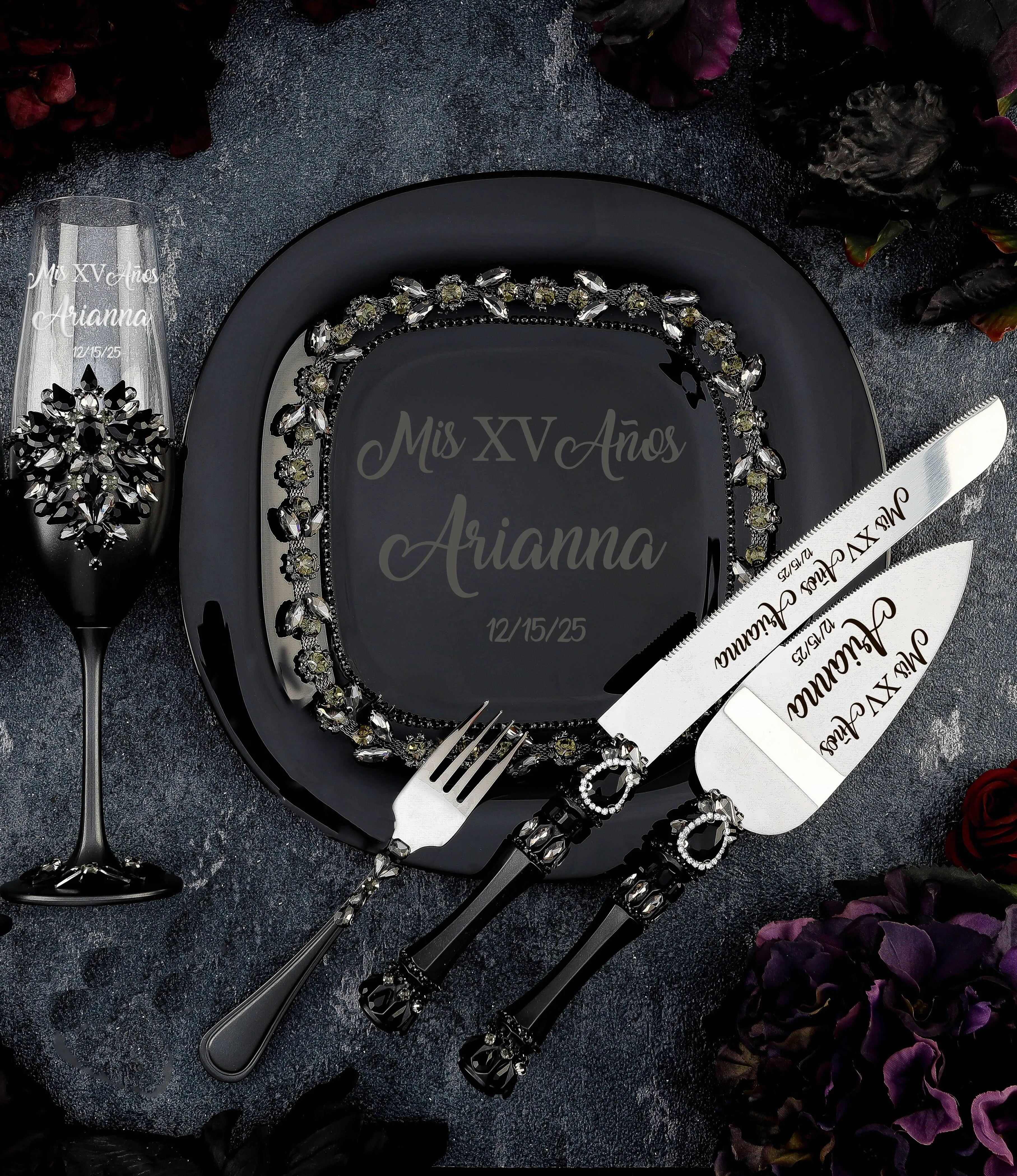 Black Gothic Quinceanera cake knife set with plate and fork