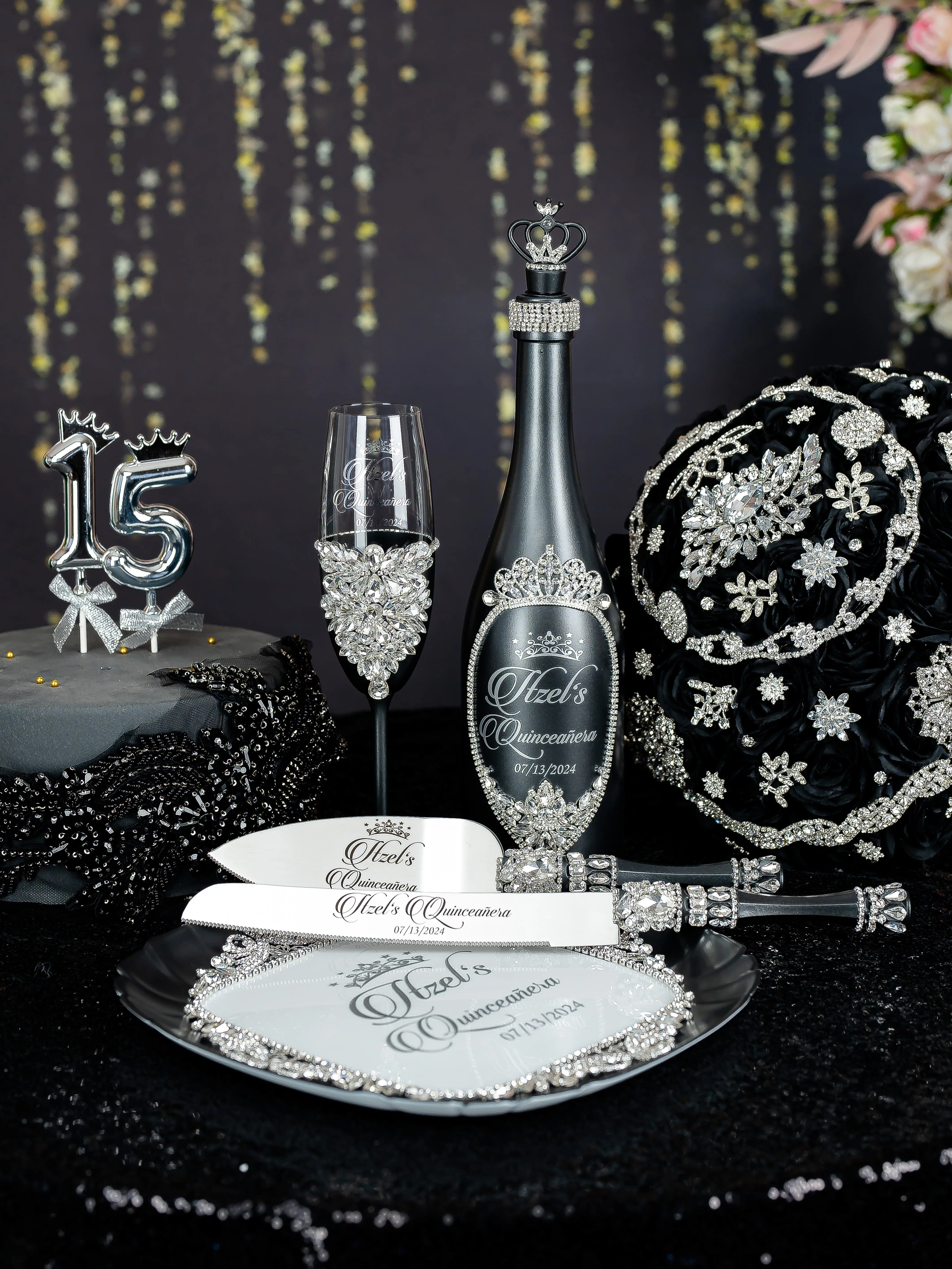 Black silver Quinceanera cake knife set with 1 glass