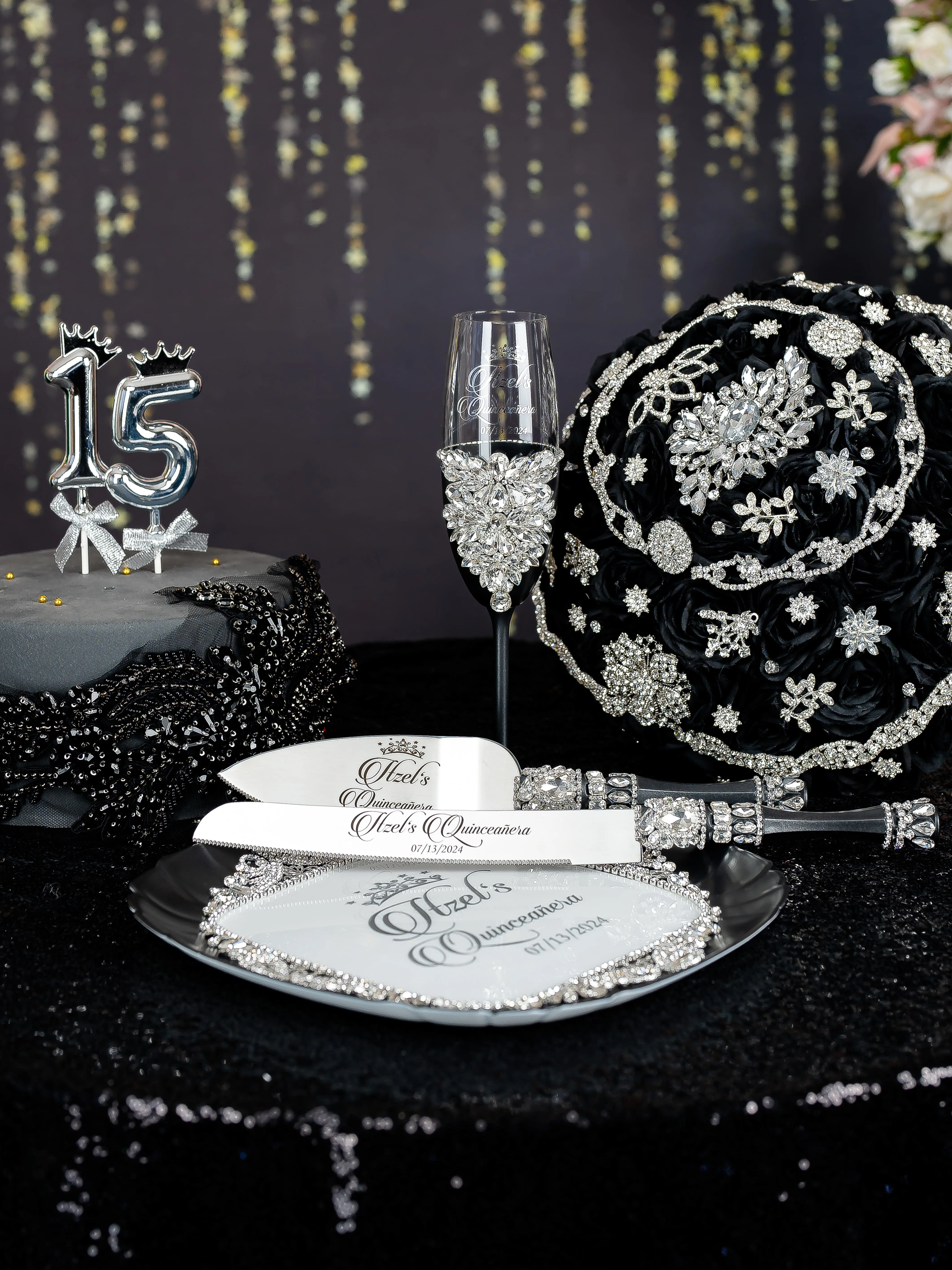 Black silver Quinceanera cake knife set with 1 glass