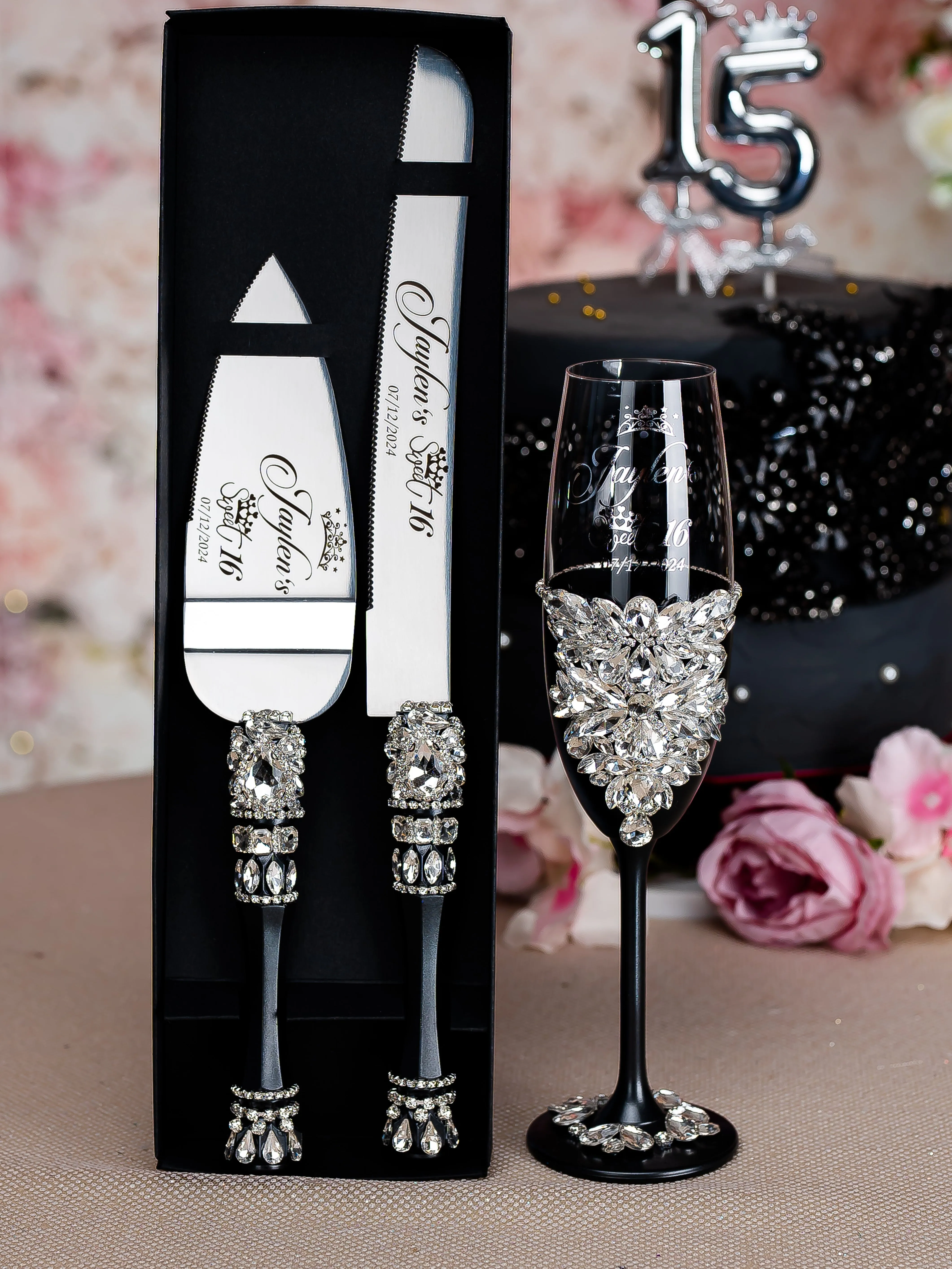 Black silver Quinceanera cake knife set with 1 glass