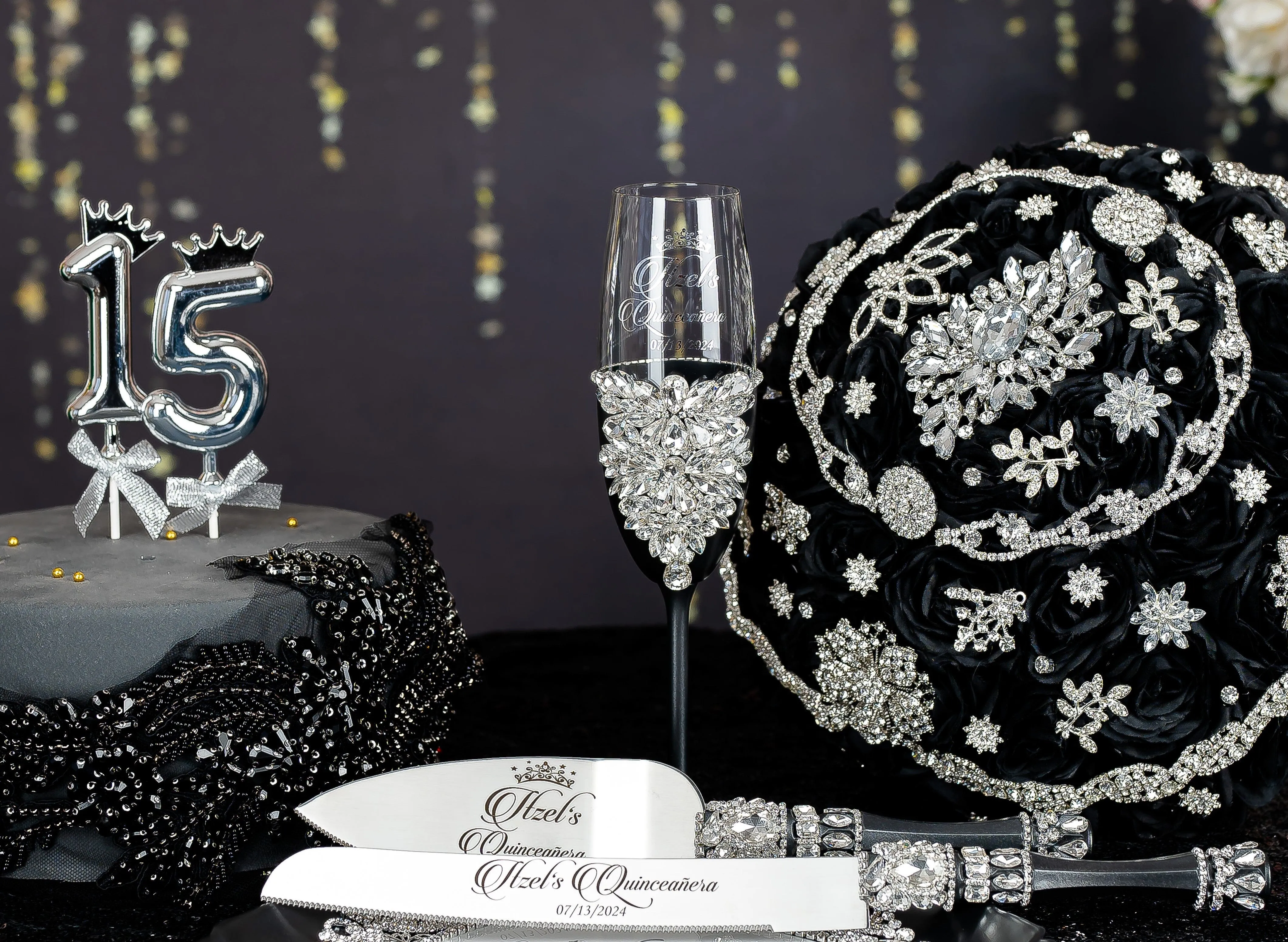 Black silver Quinceanera cake knife set with 1 glass