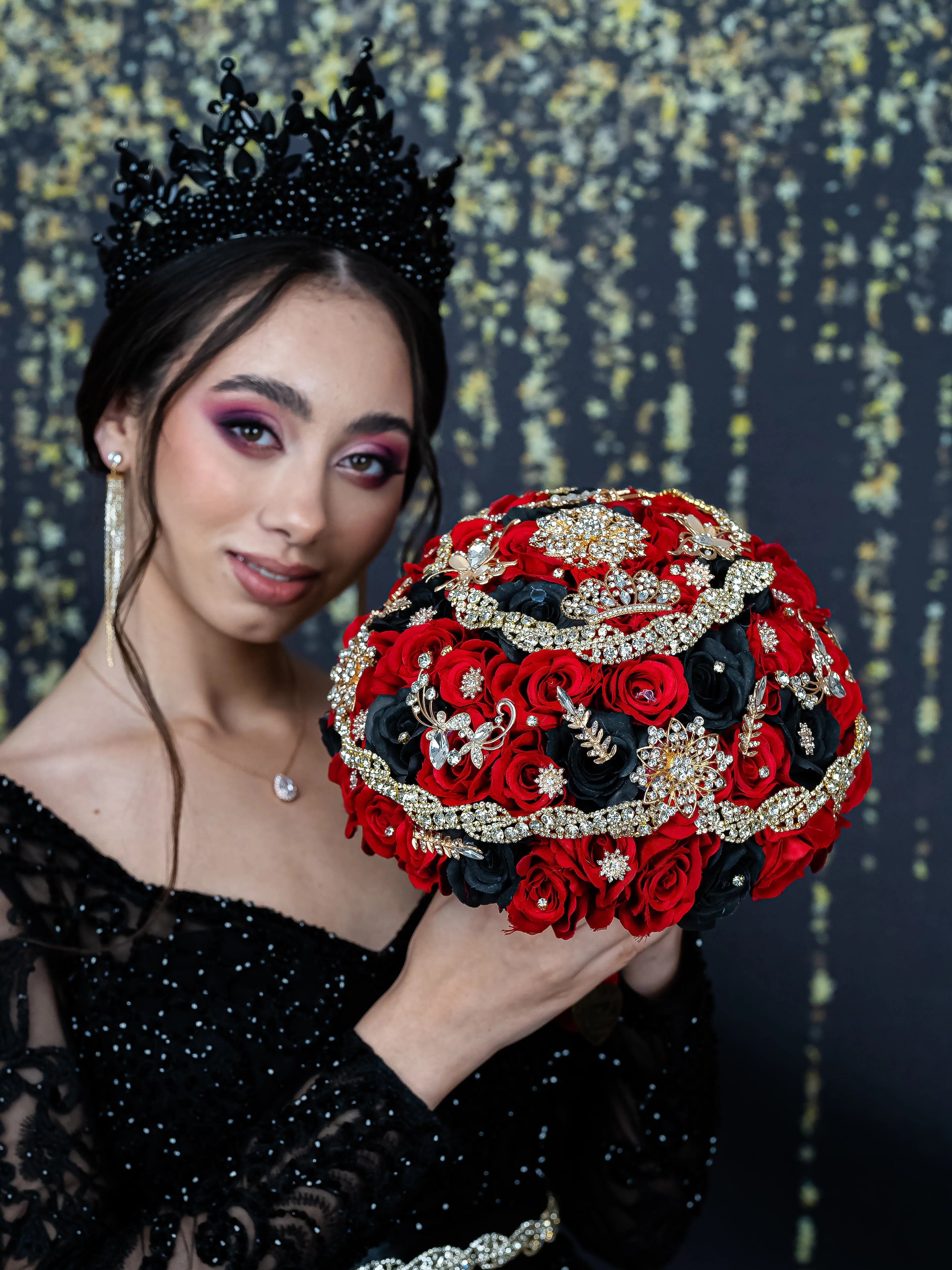 Black with Red quinceanera cake knife set with 1 glass