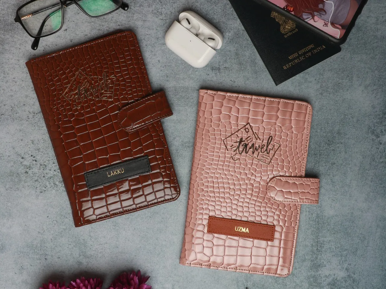 Blush Peach Croc & Dark Brown Croc Travel Organizer