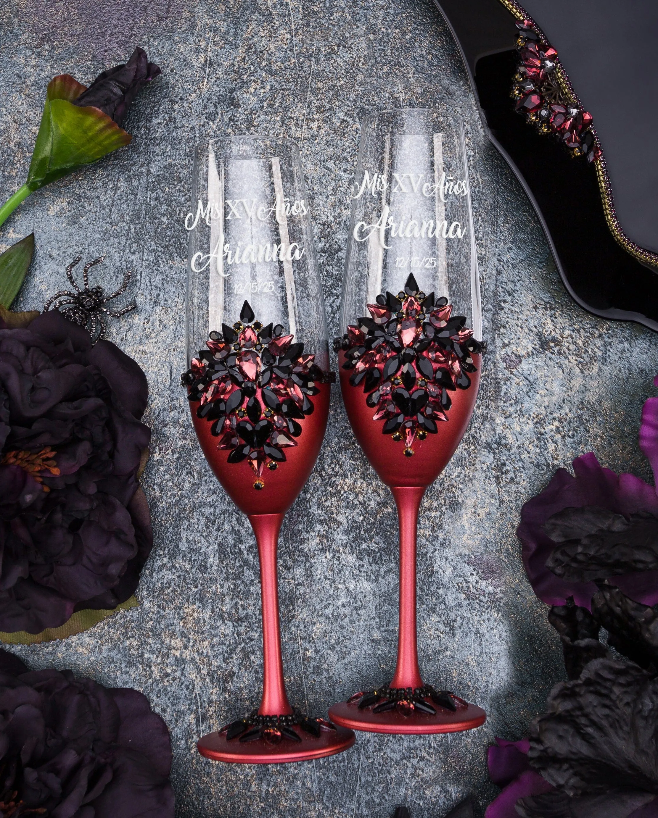 Burgundy Black Quinceanera cake knife set with plate and fork