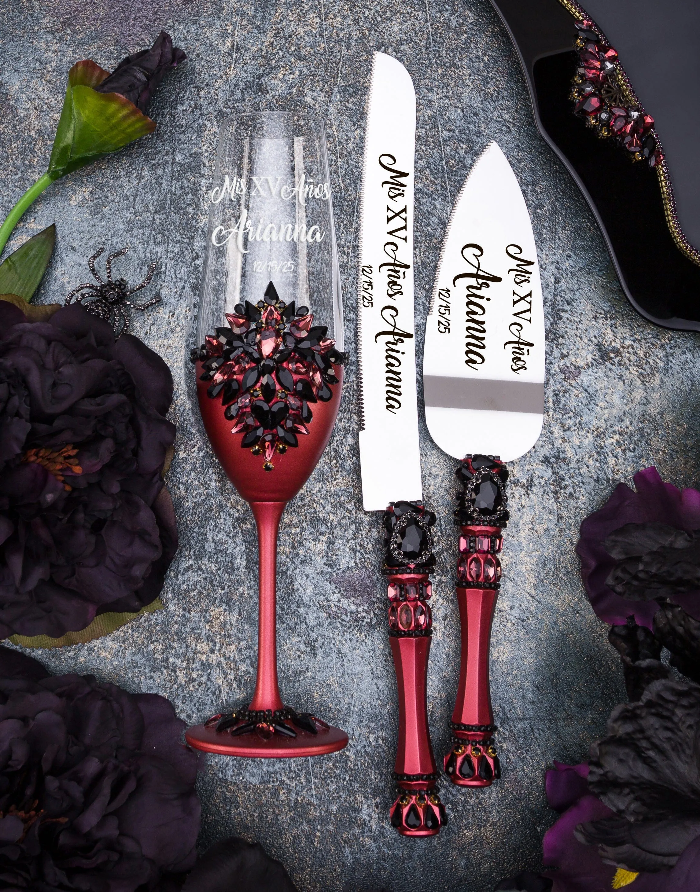 Burgundy Black Quinceanera cake knife set with plate and fork