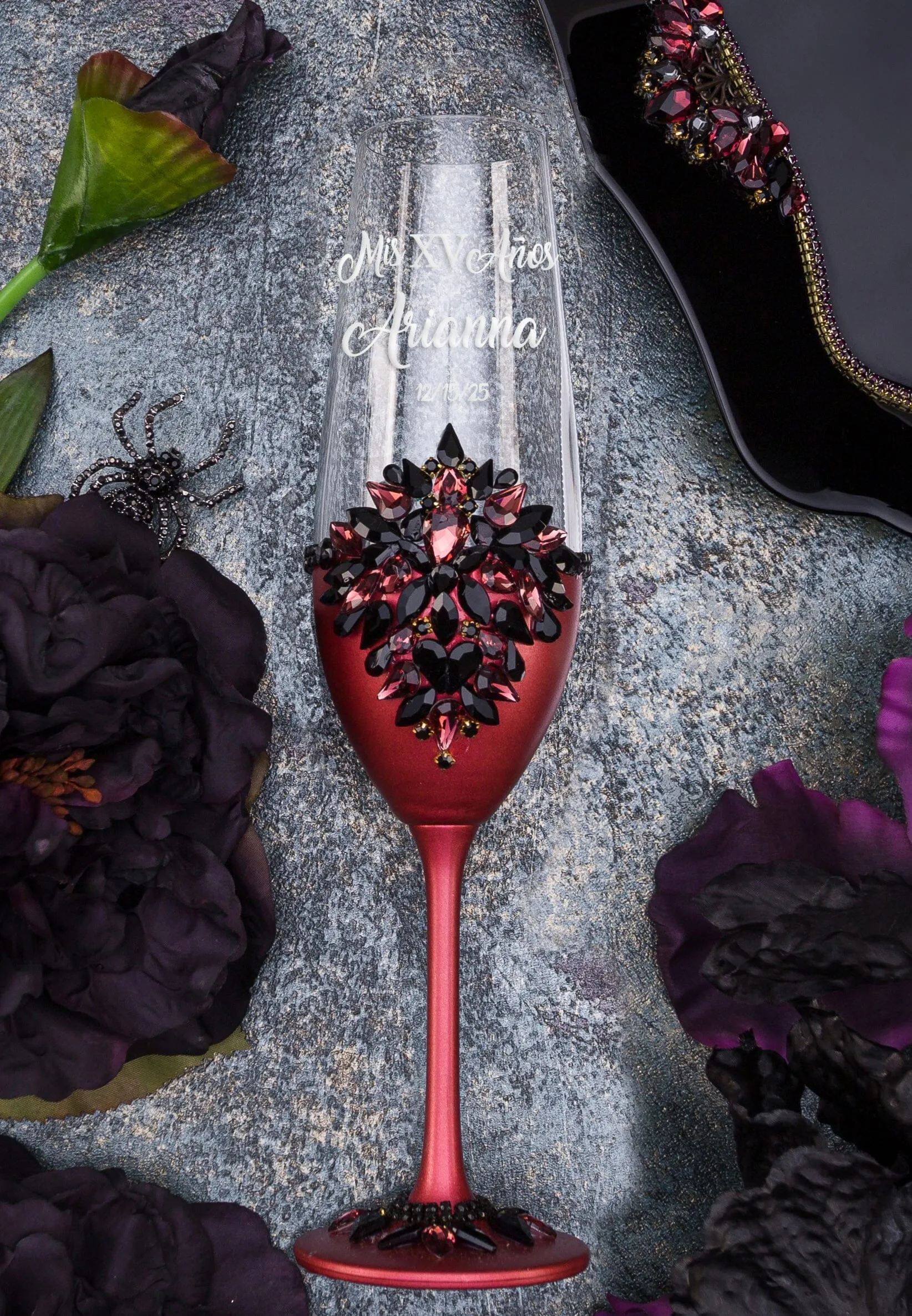 Burgundy Black Quinceanera cake knife set with plate and fork