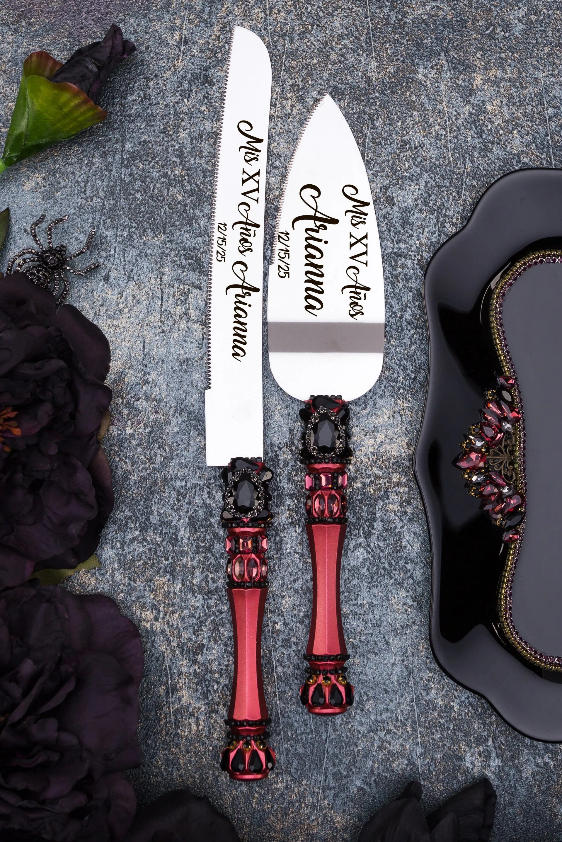 Burgundy Black Quinceanera cake knife set with plate and fork