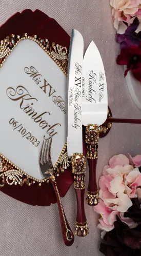 Burgundy quinceanera cake knife and server