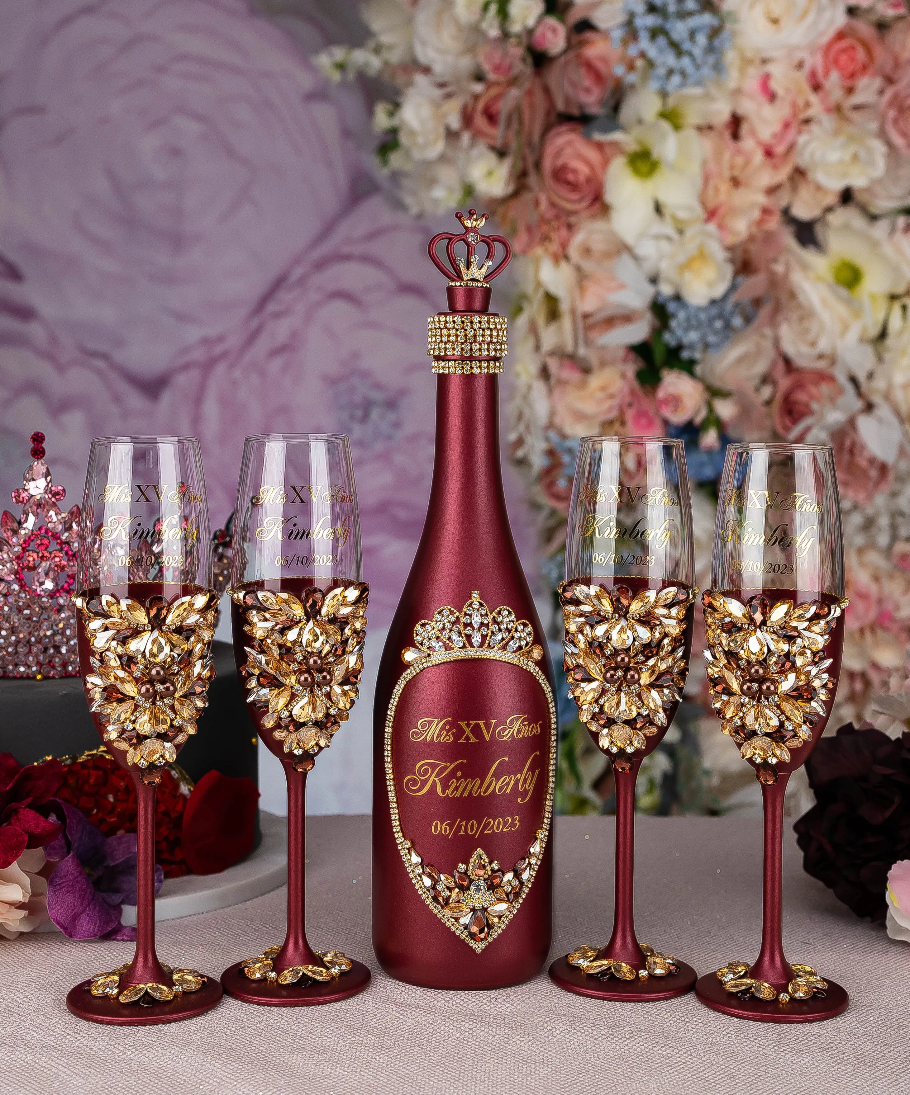 Burgundy quinceanera cake knife set with 2 glasses