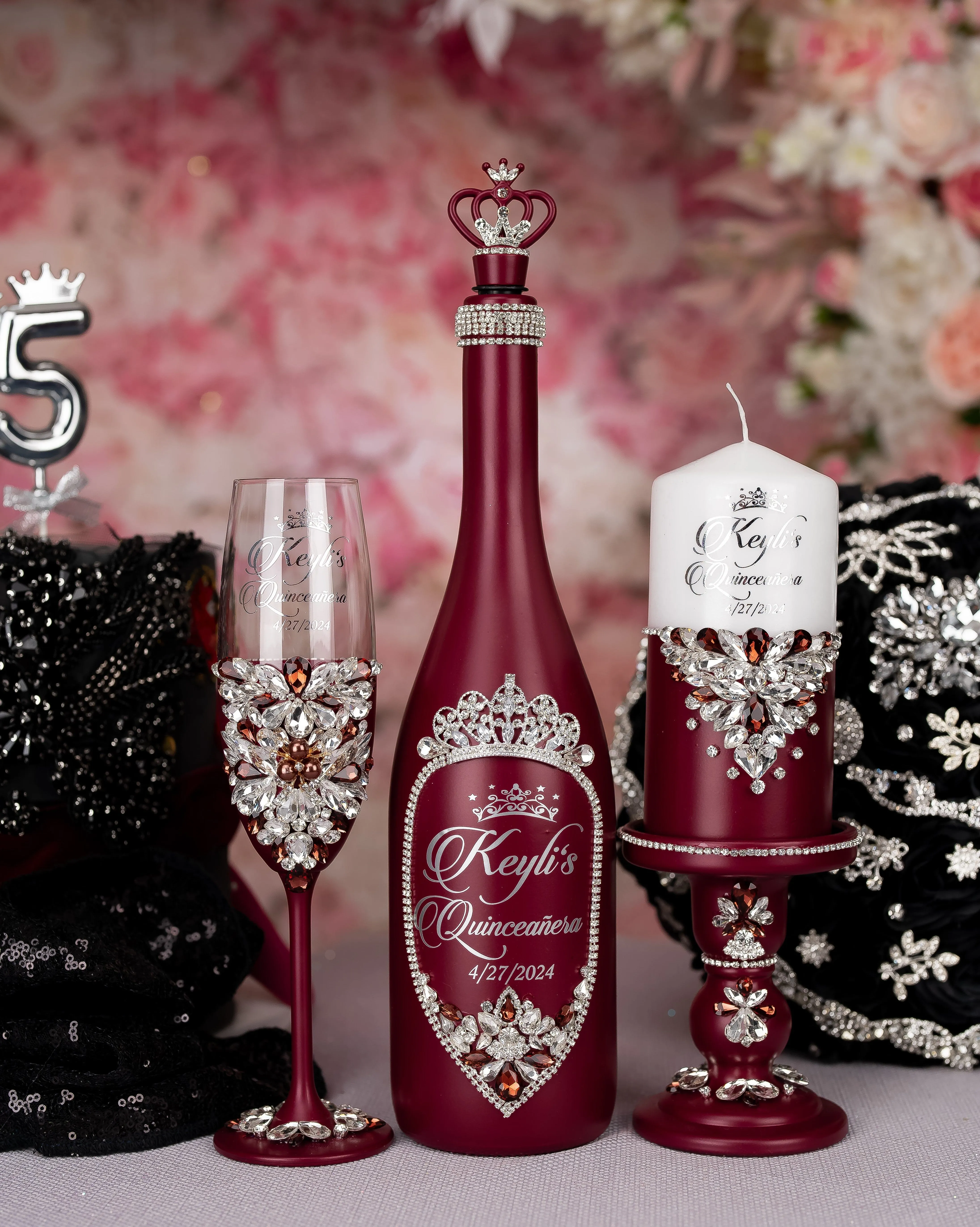 Burgundy Silver Quinceanera Brindis Package (5 pcs)