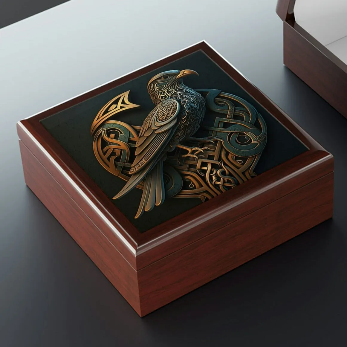 Celtic Knot Eagle Wooden Keepsake Jewelry Box with Ceramic Tile Cover