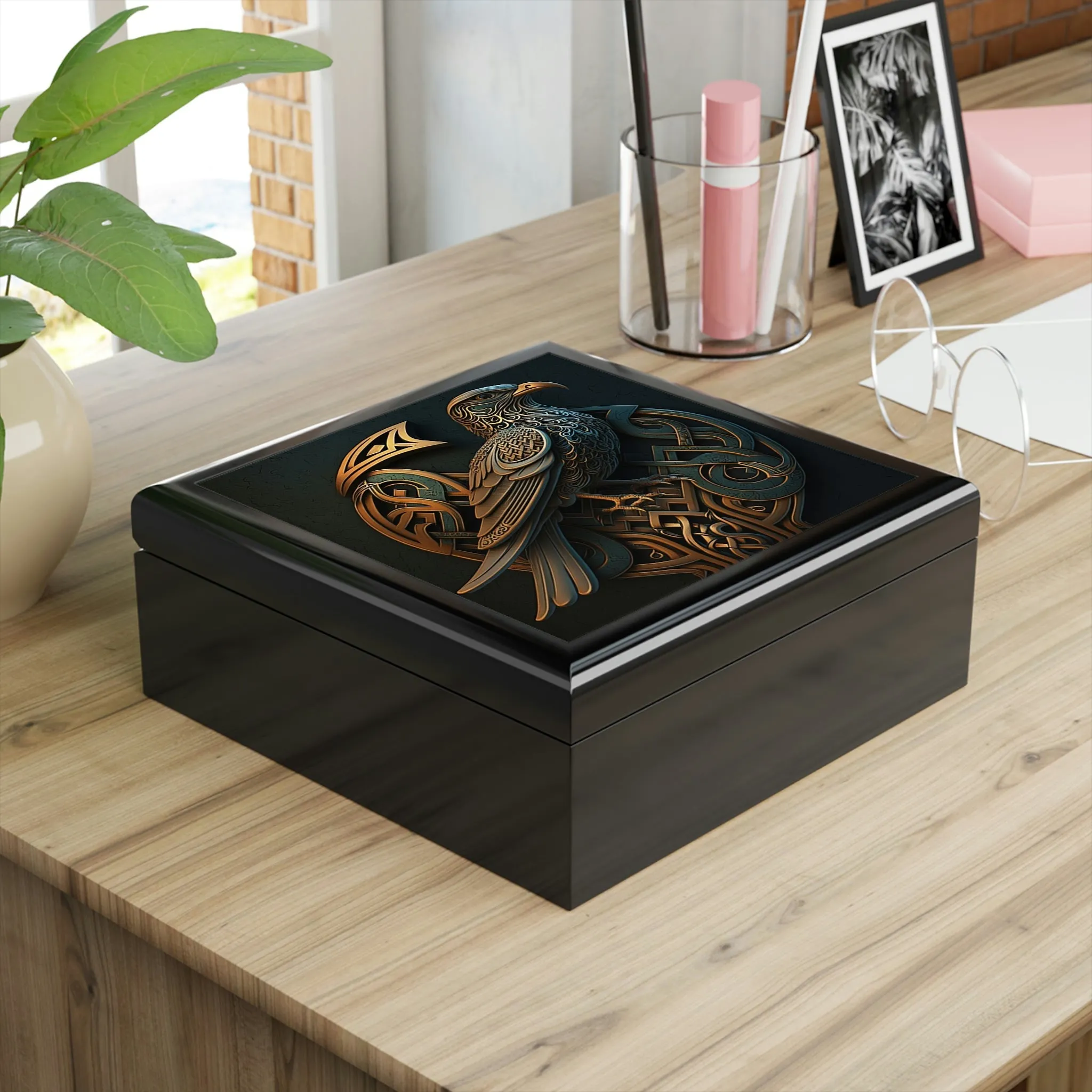 Celtic Knot Eagle Wooden Keepsake Jewelry Box with Ceramic Tile Cover