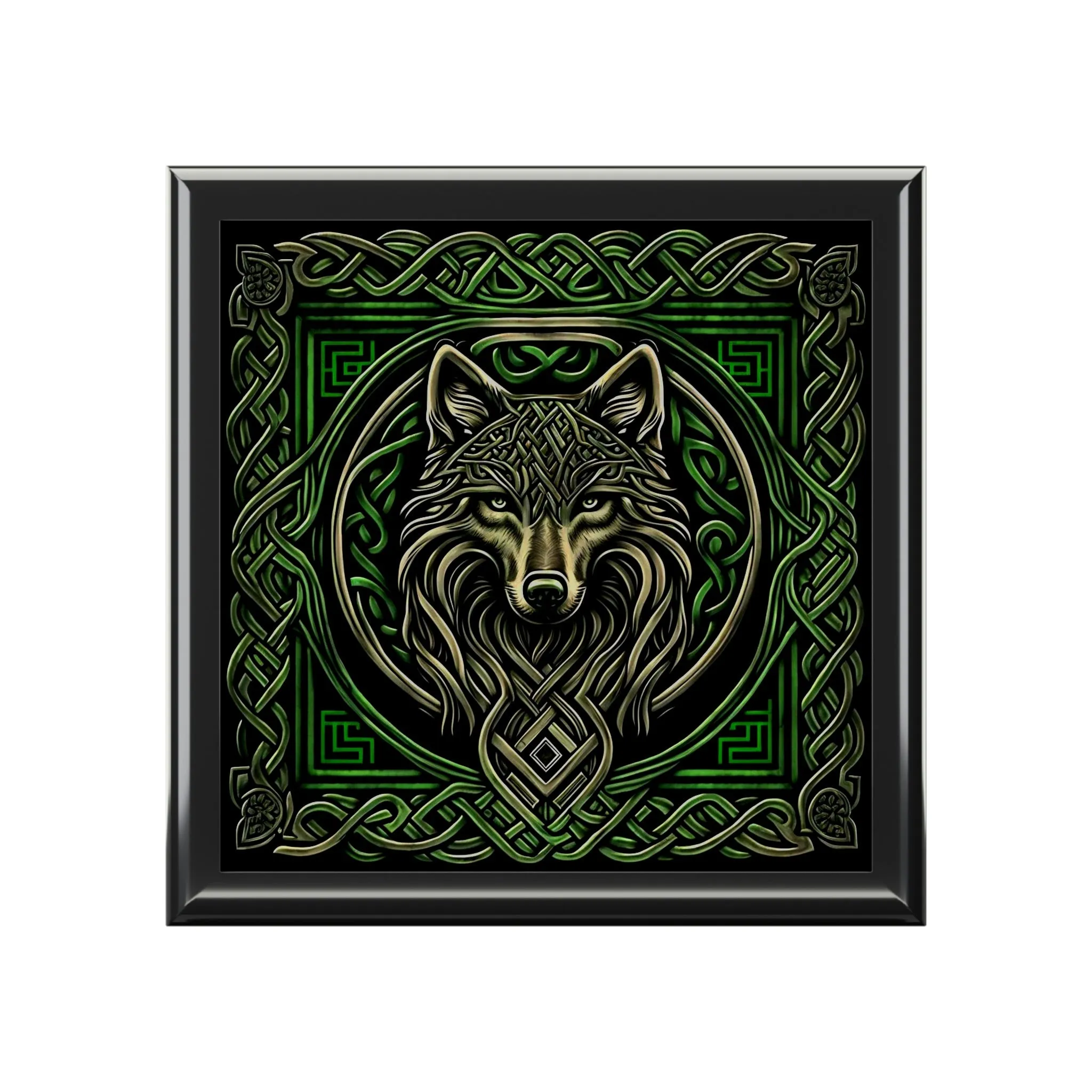 Celtic Knots Wolf Wooden Keepsake Jewelry Box with Ceramic Tile Cover