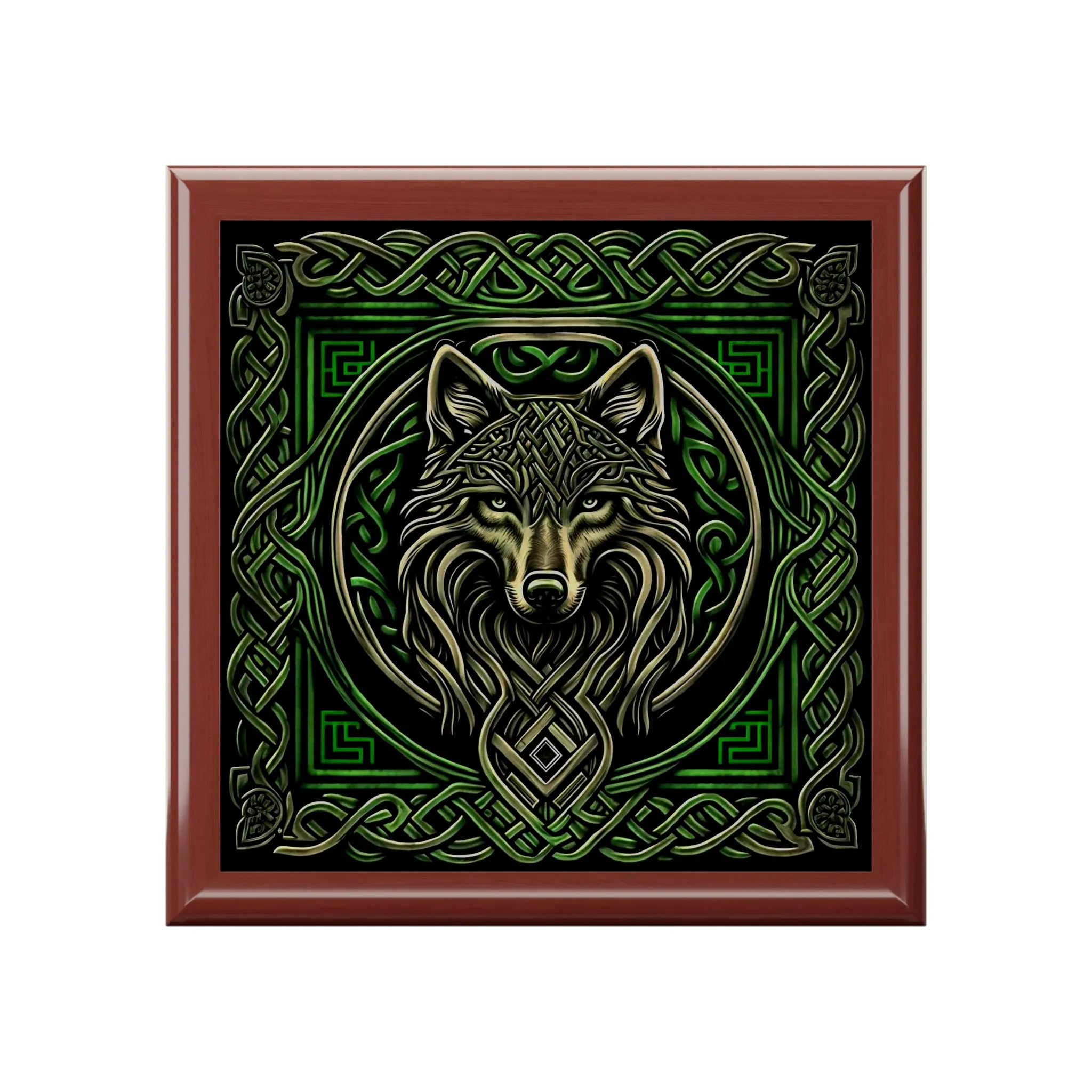 Celtic Knots Wolf Wooden Keepsake Jewelry Box with Ceramic Tile Cover