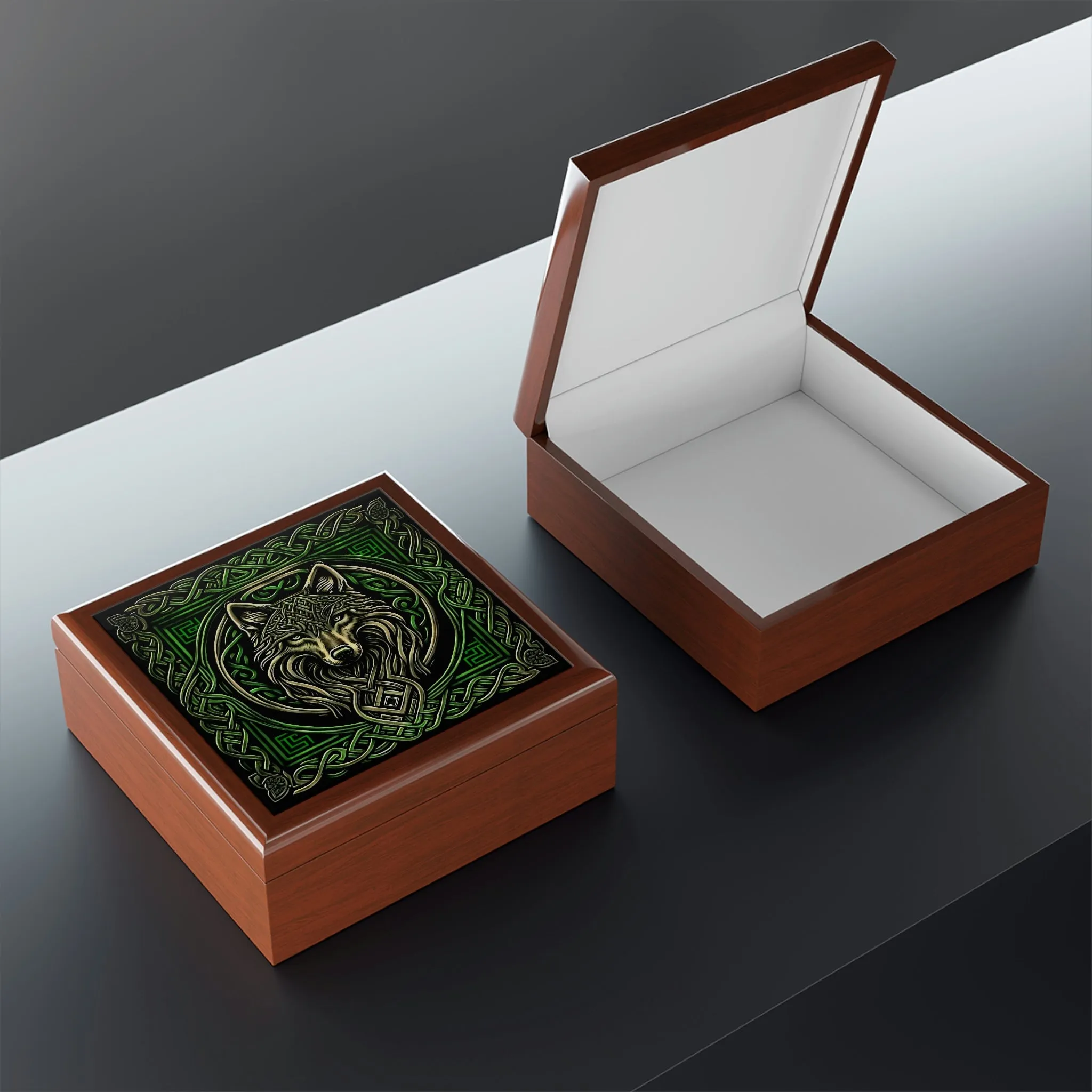 Celtic Knots Wolf Wooden Keepsake Jewelry Box with Ceramic Tile Cover