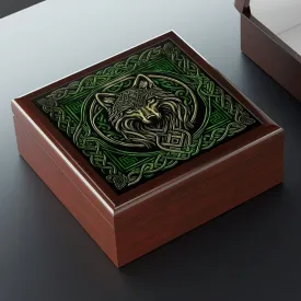 Celtic Knots Wolf Wooden Keepsake Jewelry Box with Ceramic Tile Cover