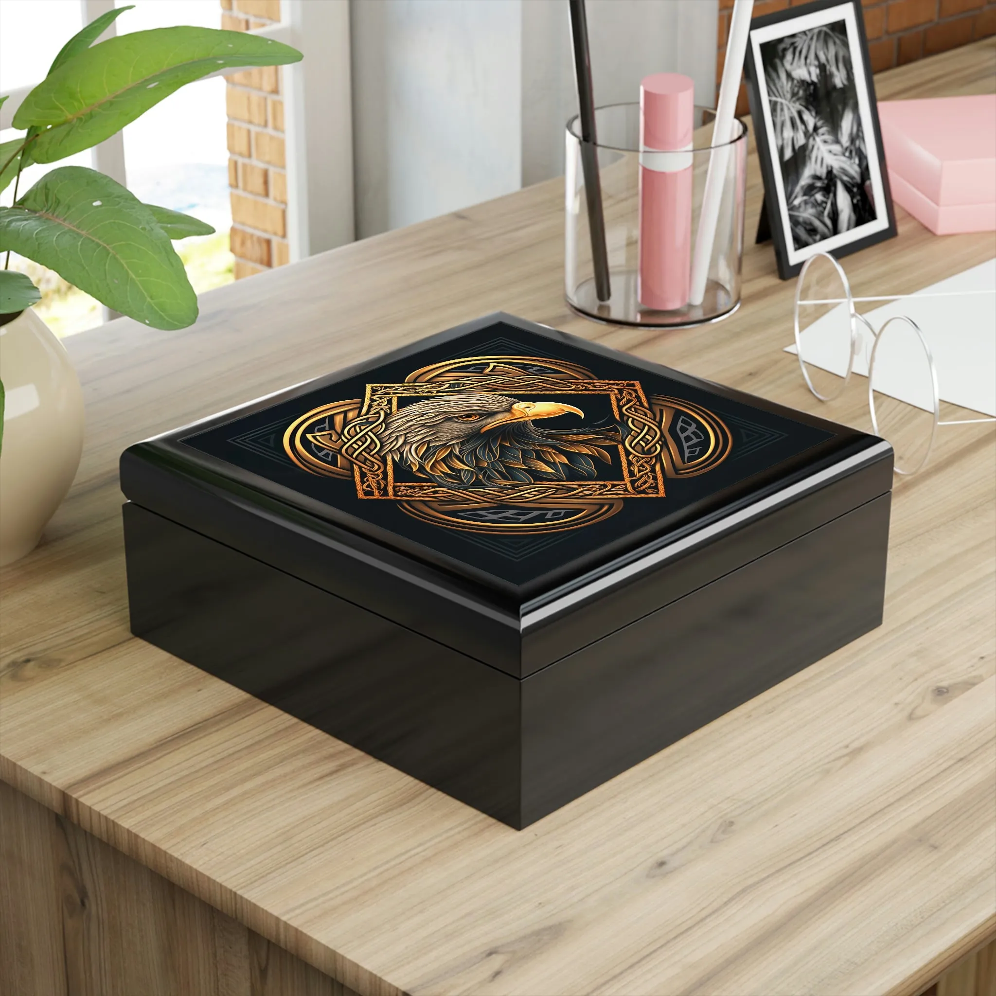 Celtic Knotwork Eagle Wooden Keepsake Jewelry Box with Ceramic Tile Cover