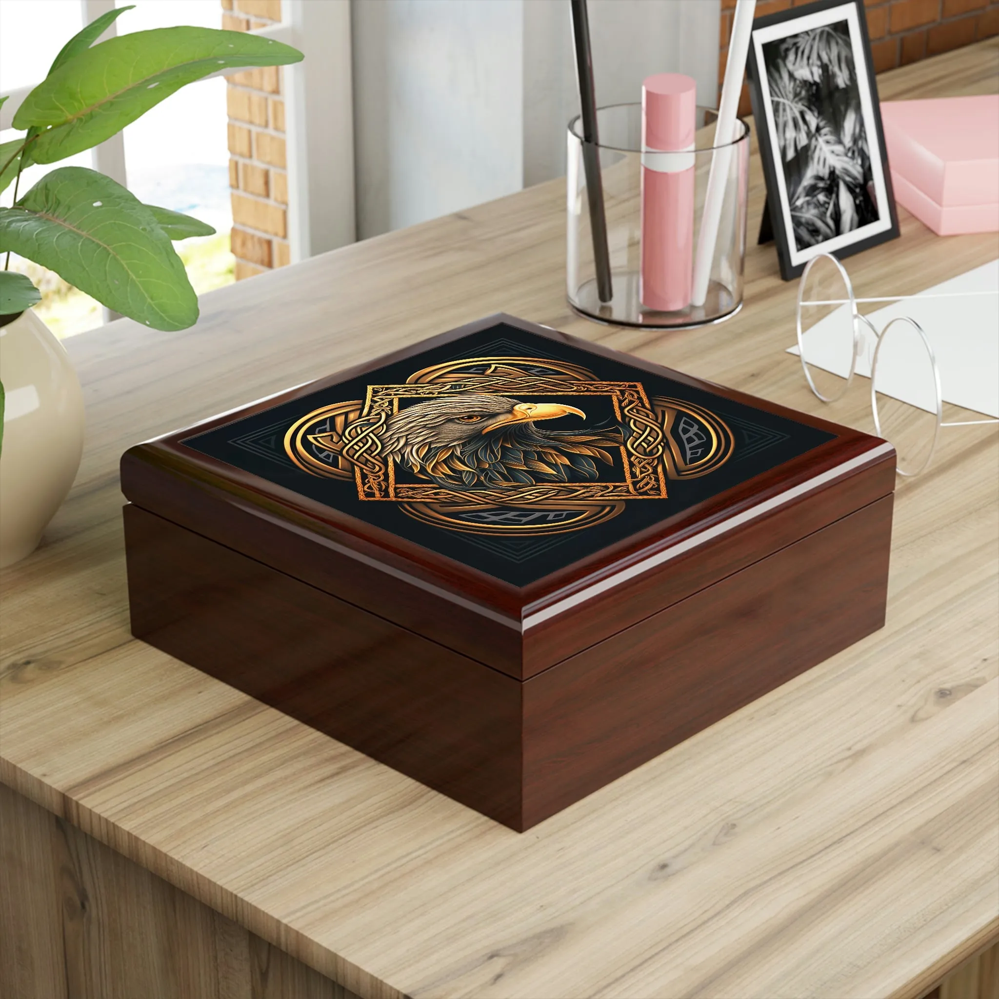 Celtic Knotwork Eagle Wooden Keepsake Jewelry Box with Ceramic Tile Cover