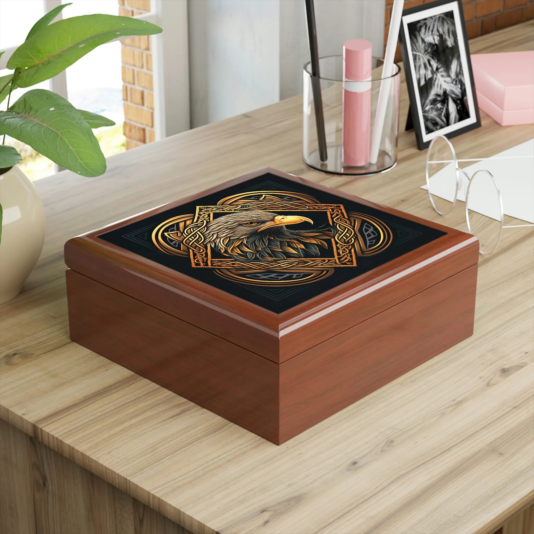 Celtic Knotwork Eagle Wooden Keepsake Jewelry Box with Ceramic Tile Cover