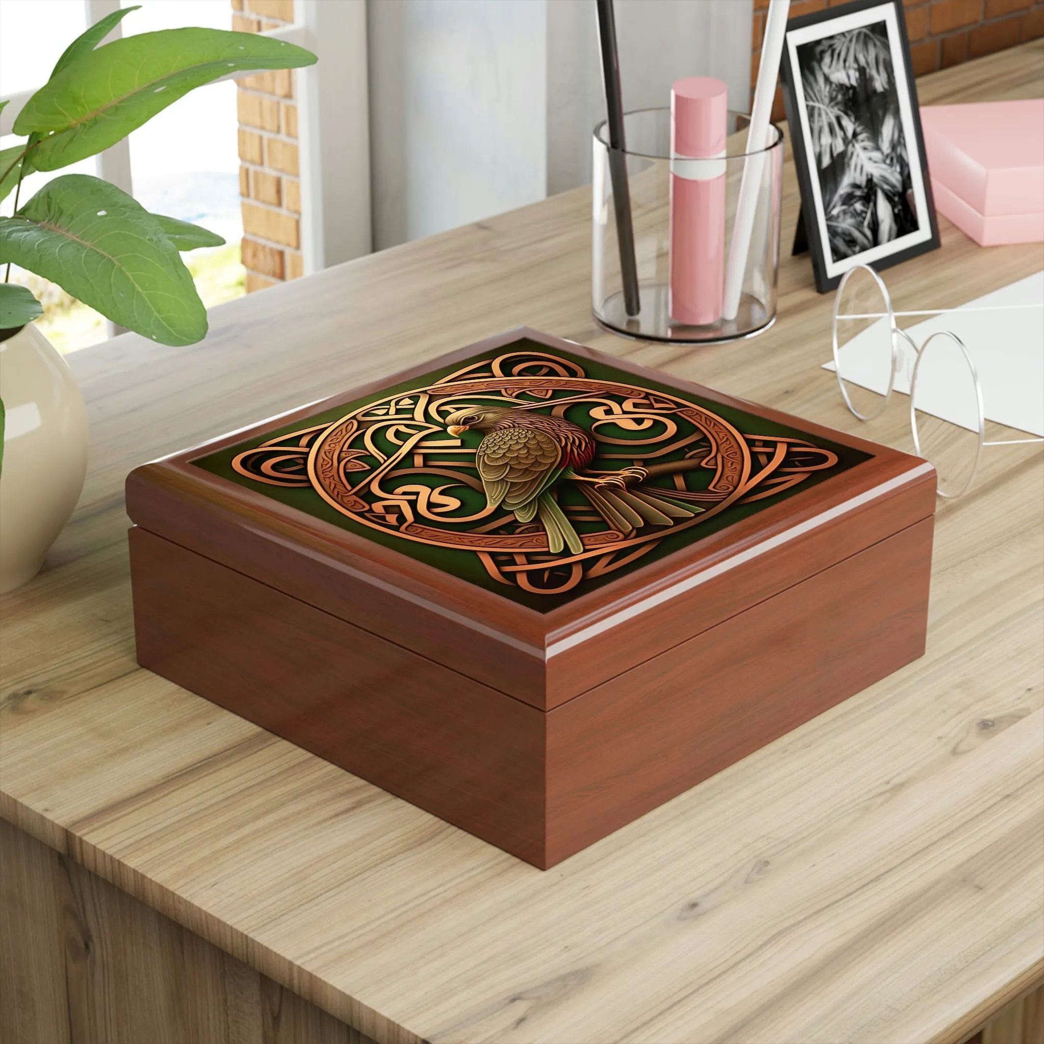 Celtic Knotwork Hawk Wooden Keepsake Jewelry Box with Ceramic Tile Cover