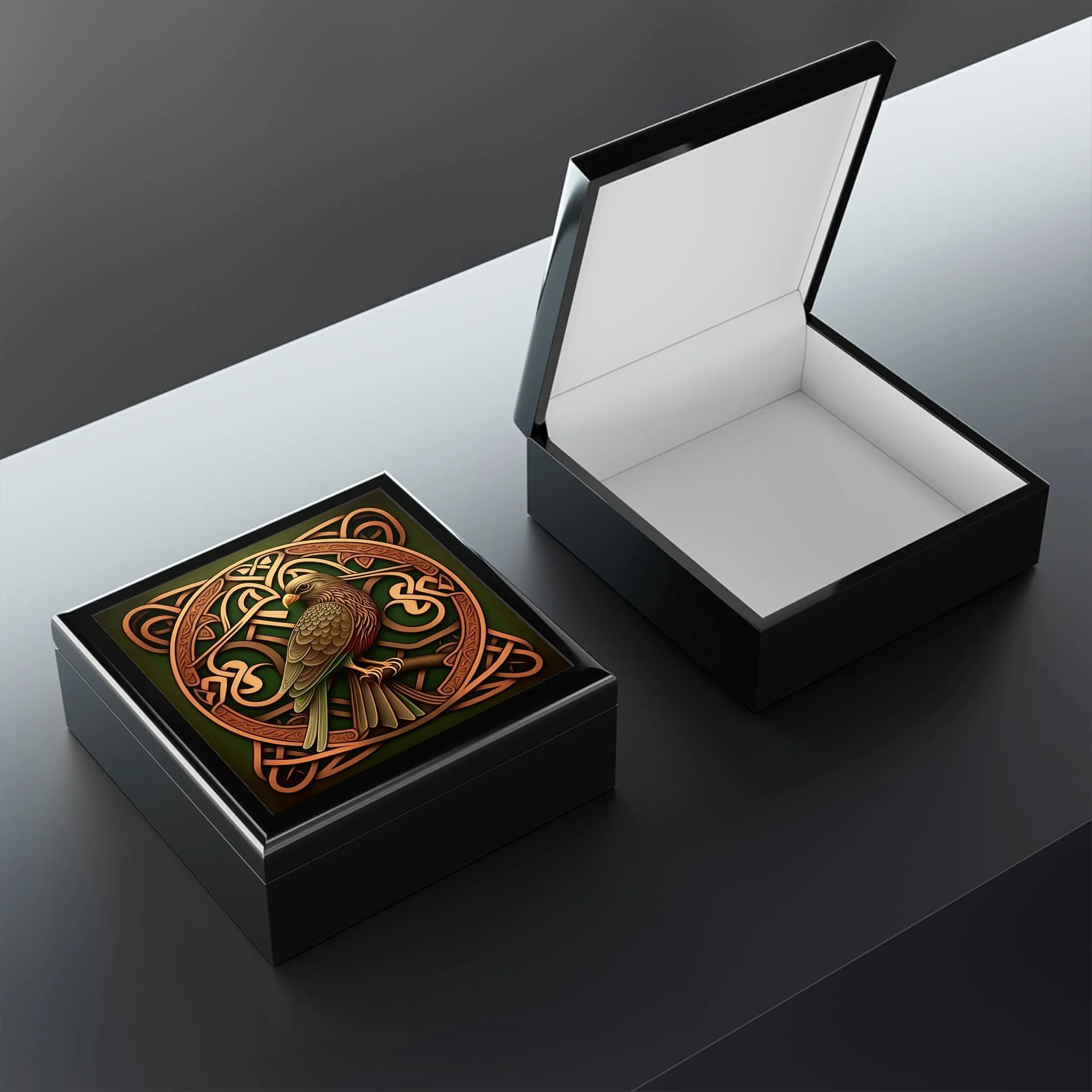 Celtic Knotwork Hawk Wooden Keepsake Jewelry Box with Ceramic Tile Cover