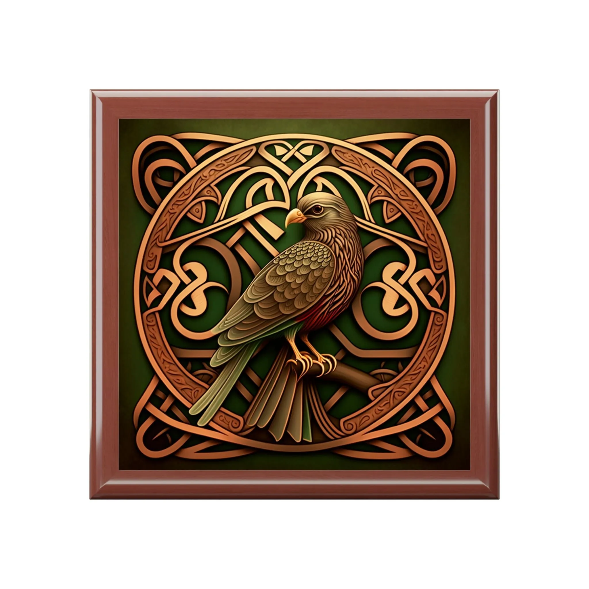 Celtic Knotwork Hawk Wooden Keepsake Jewelry Box with Ceramic Tile Cover