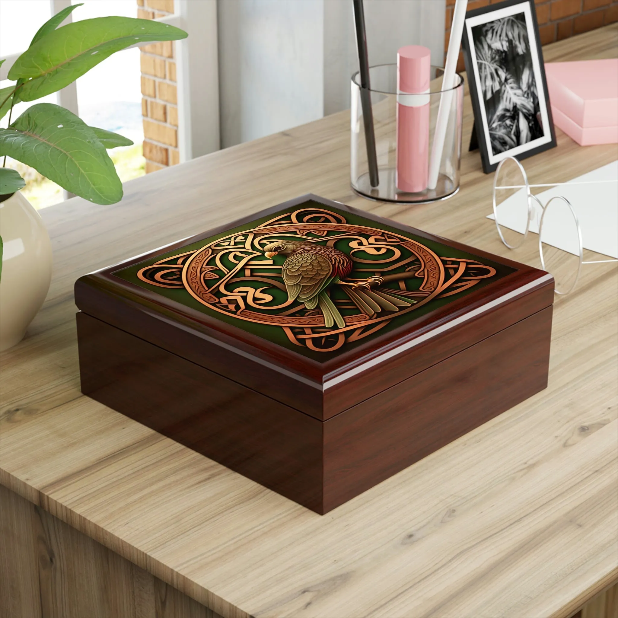 Celtic Knotwork Hawk Wooden Keepsake Jewelry Box with Ceramic Tile Cover