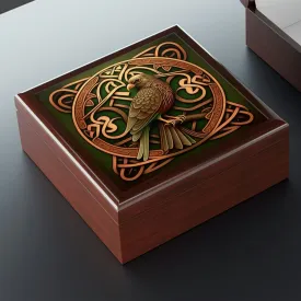 Celtic Knotwork Hawk Wooden Keepsake Jewelry Box with Ceramic Tile Cover