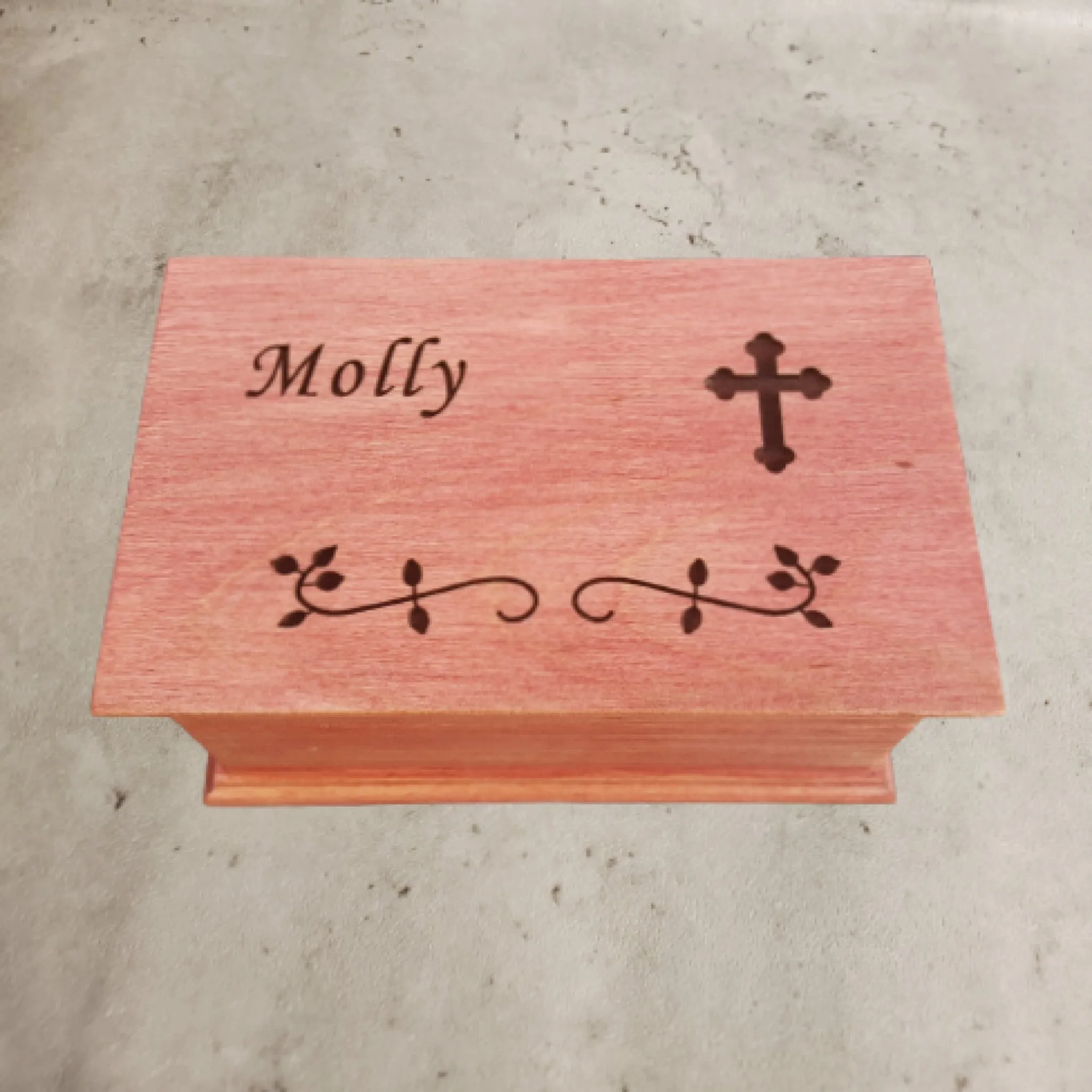 Christening box with name and cross on top with built in music player