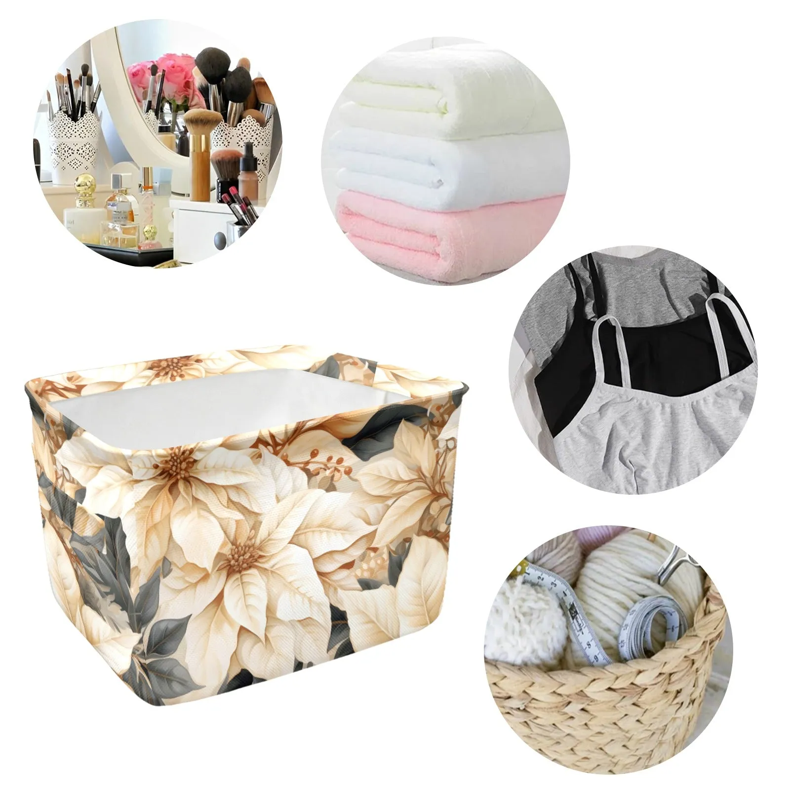 Cream Poinsettia2 Fabric Storage Basket