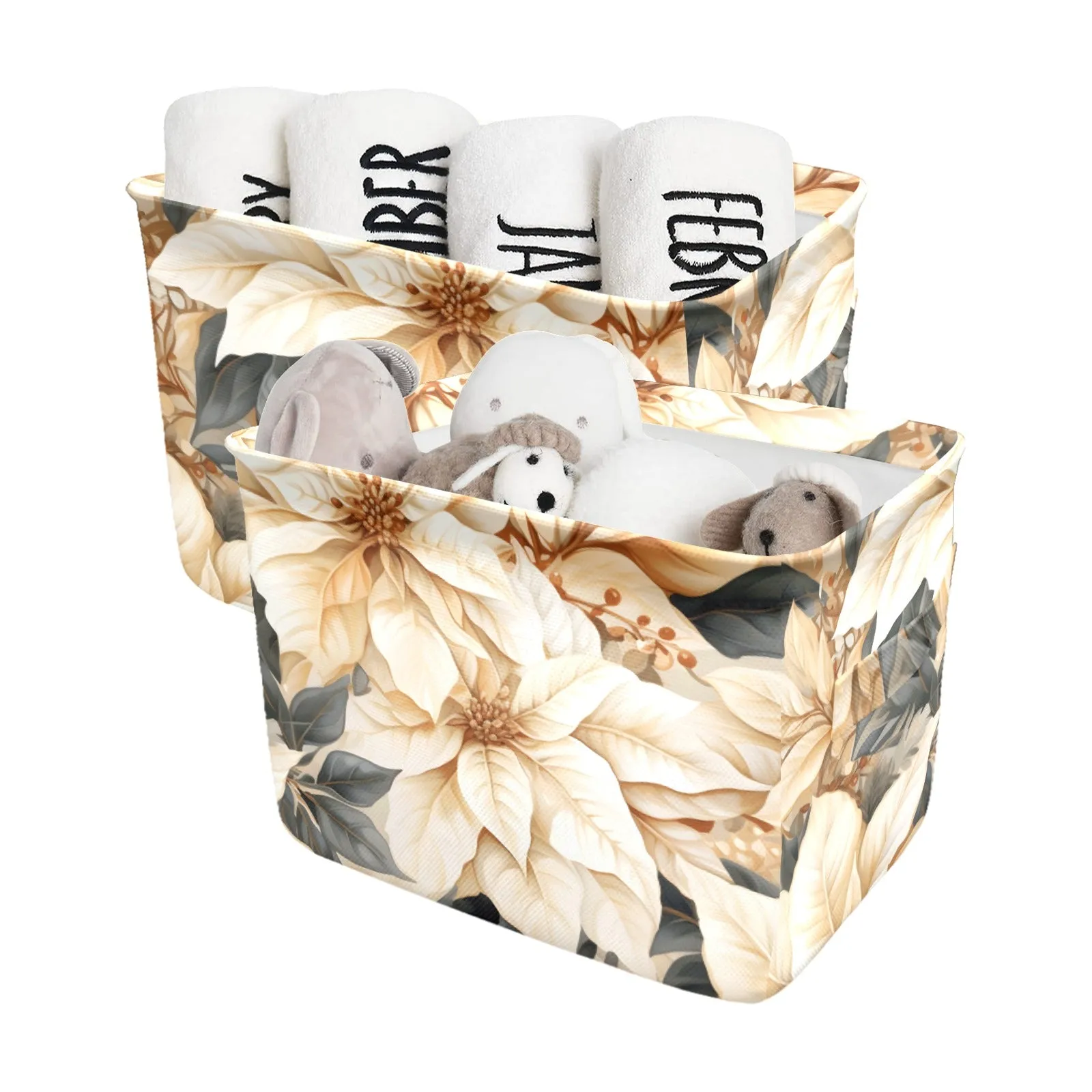 Cream Poinsettia2 Fabric Storage Basket