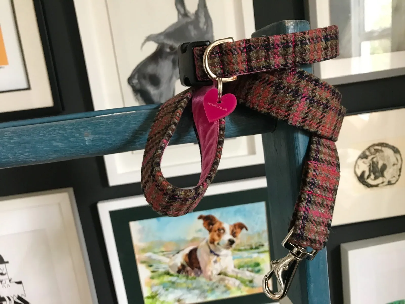 Damson Tweed Dog Collar and Lead with Pink Velvet Lining