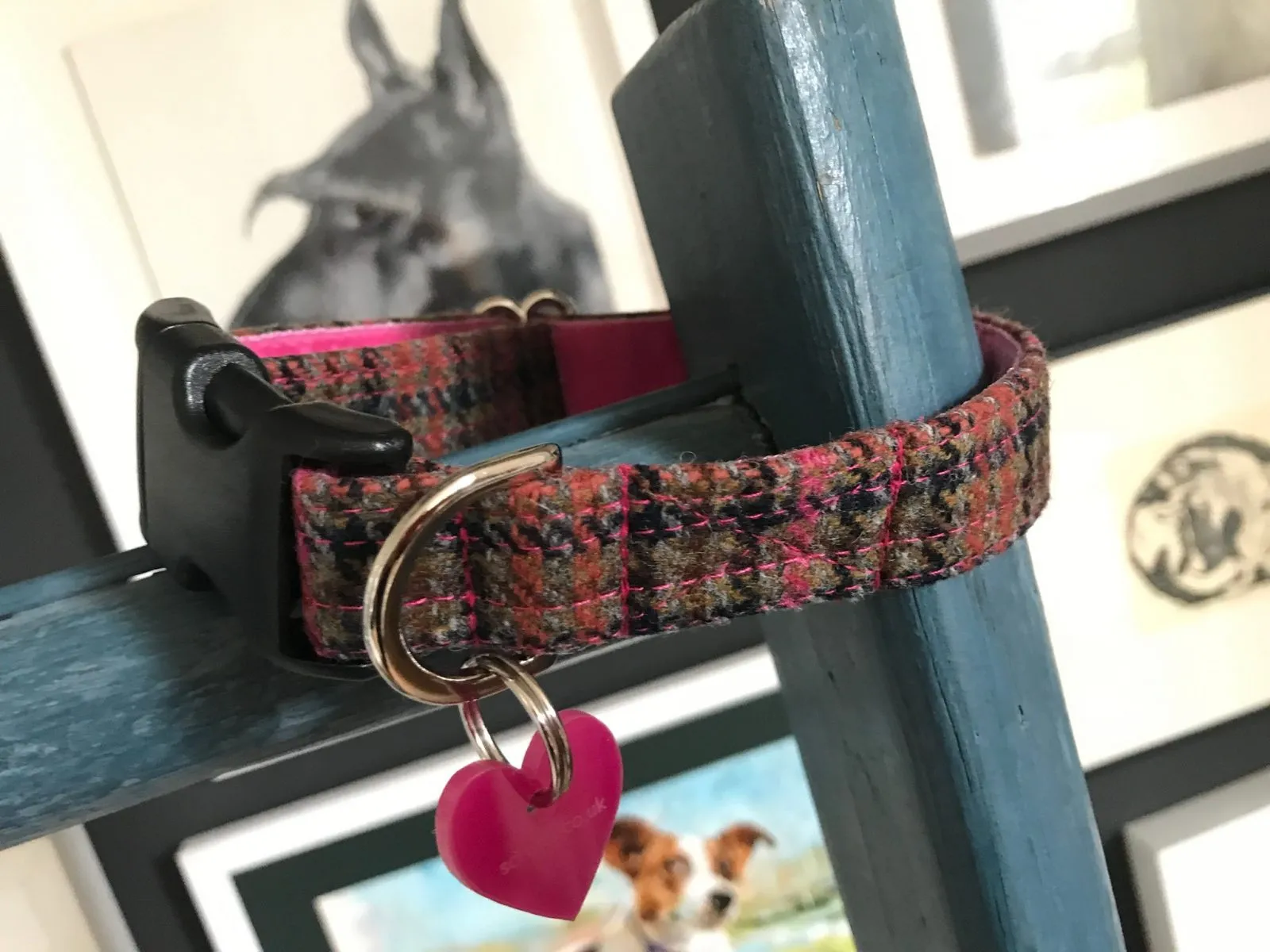 Damson Tweed Dog Collar and Lead with Pink Velvet Lining