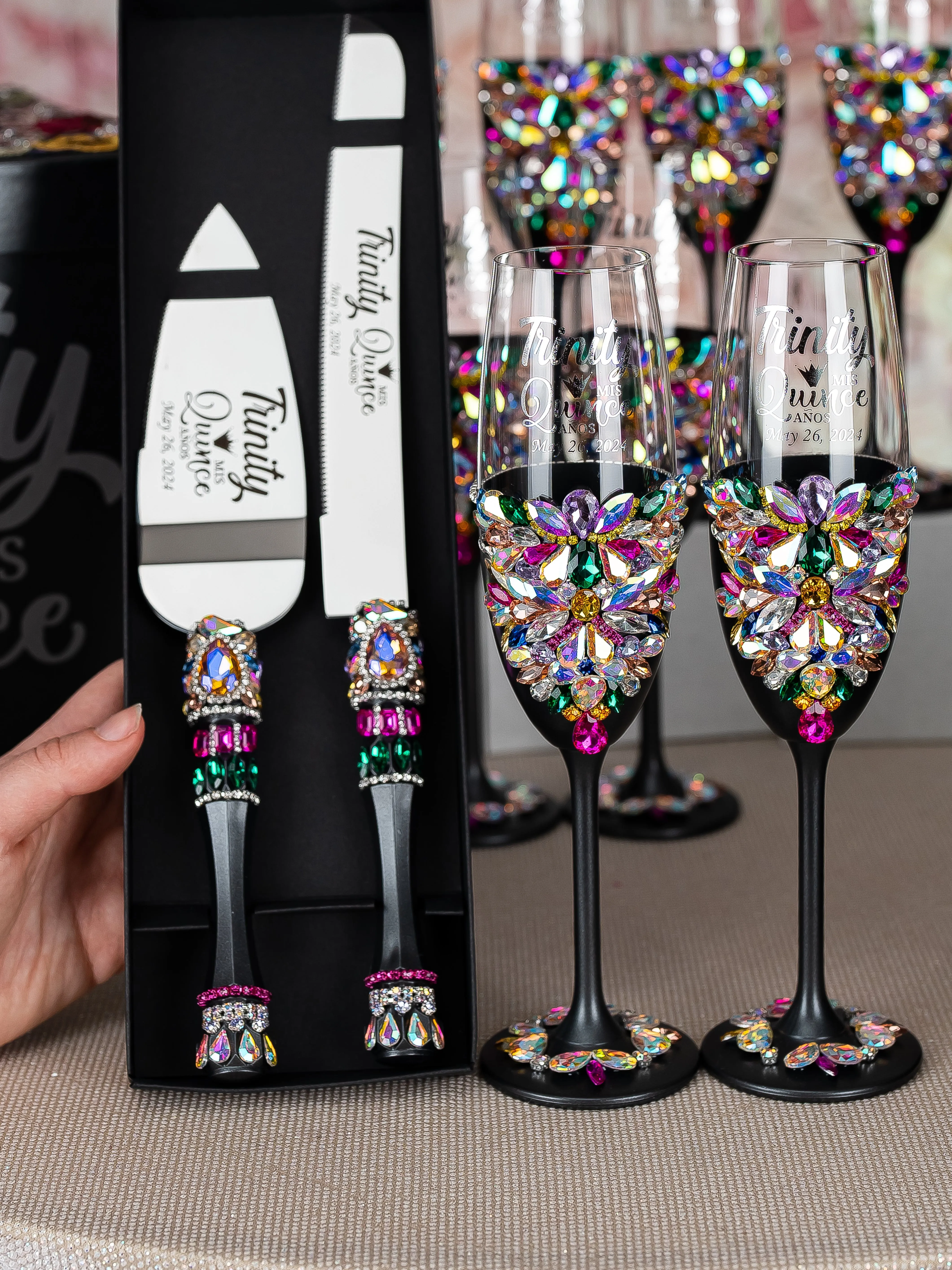 Day of the Dead quinceanera cake knife set with 2 glasses