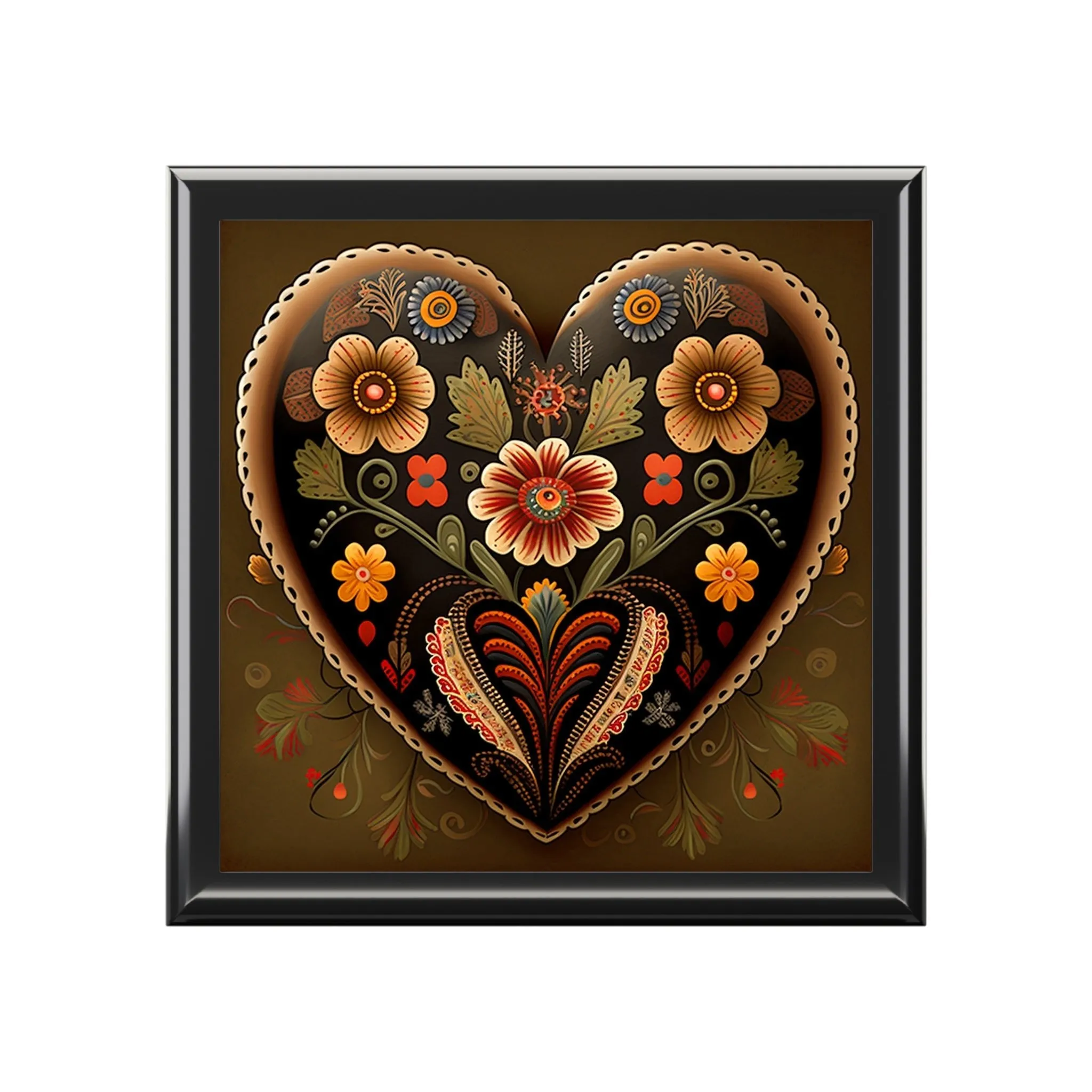 Folk Art Heart Wood Keepsake Jewelry Box with Ceramic Tile Cover