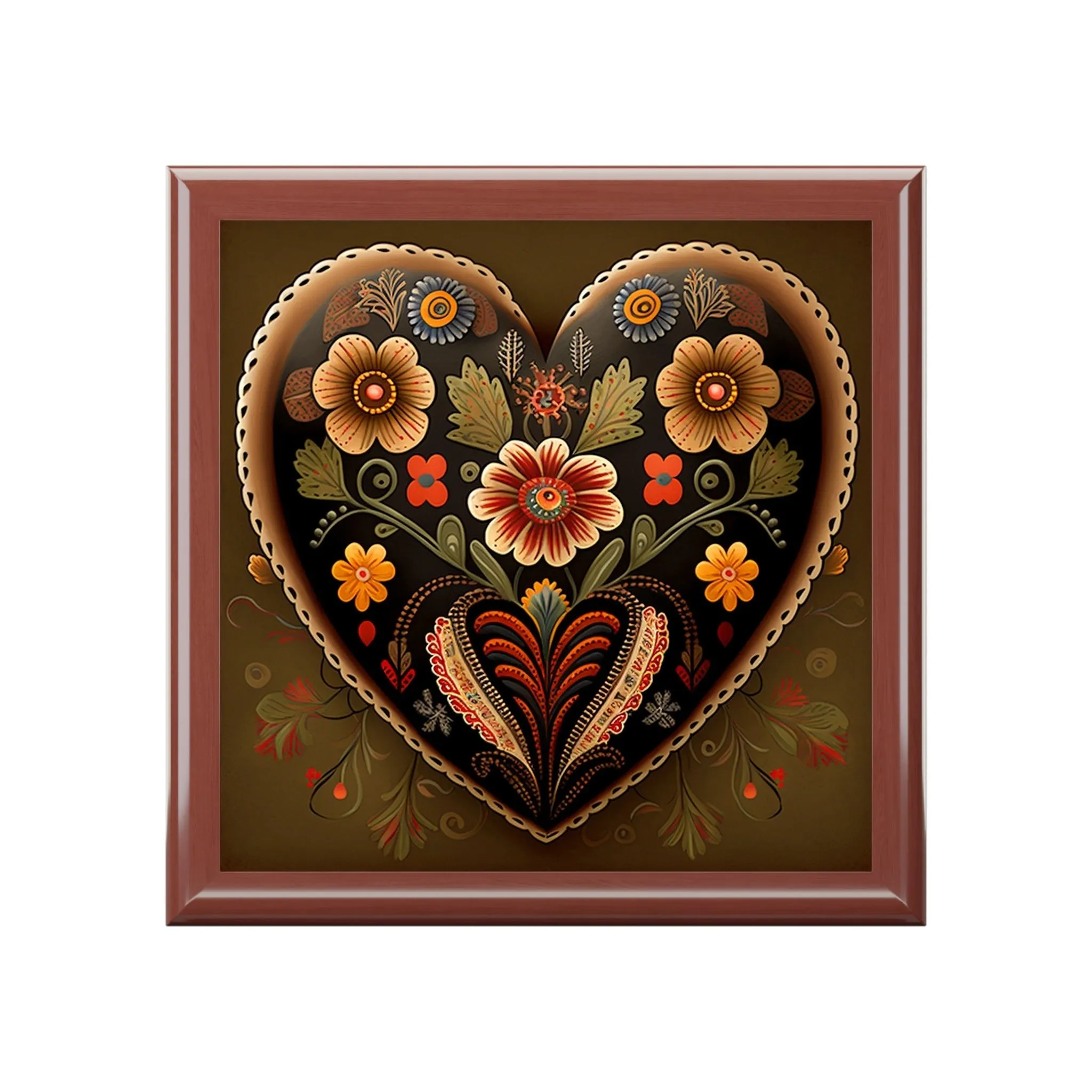 Folk Art Heart Wood Keepsake Jewelry Box with Ceramic Tile Cover