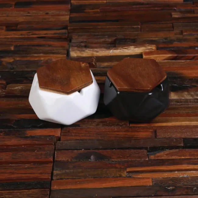 Geometric Ceramic Ashtray Set In Black And White With Wood Lid