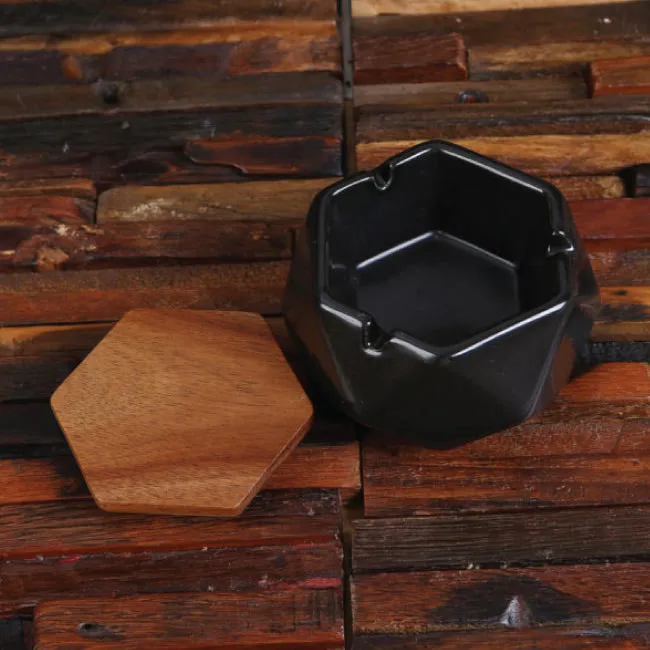 Geometric Ceramic Ashtray Set In Black And White With Wood Lid