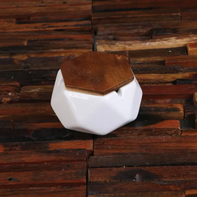 Geometric Ceramic Ashtray Set In Black And White With Wood Lid