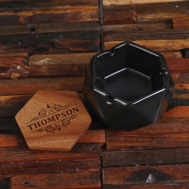 Geometric Ceramic Ashtray Set In Black And White With Wood Lid