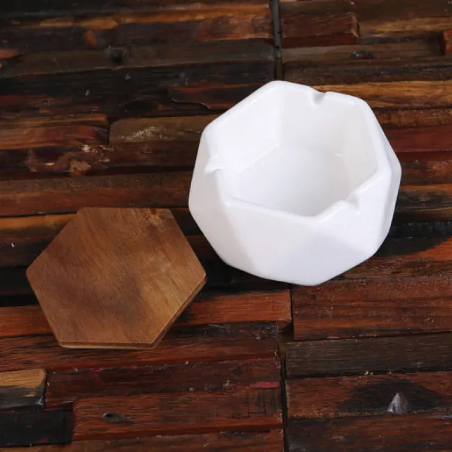 Geometric Ceramic Ashtray Set In Black And White With Wood Lid