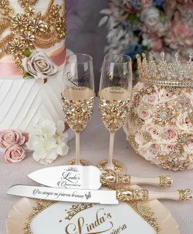 Gold quinceanera cake knife set with 2 glasses